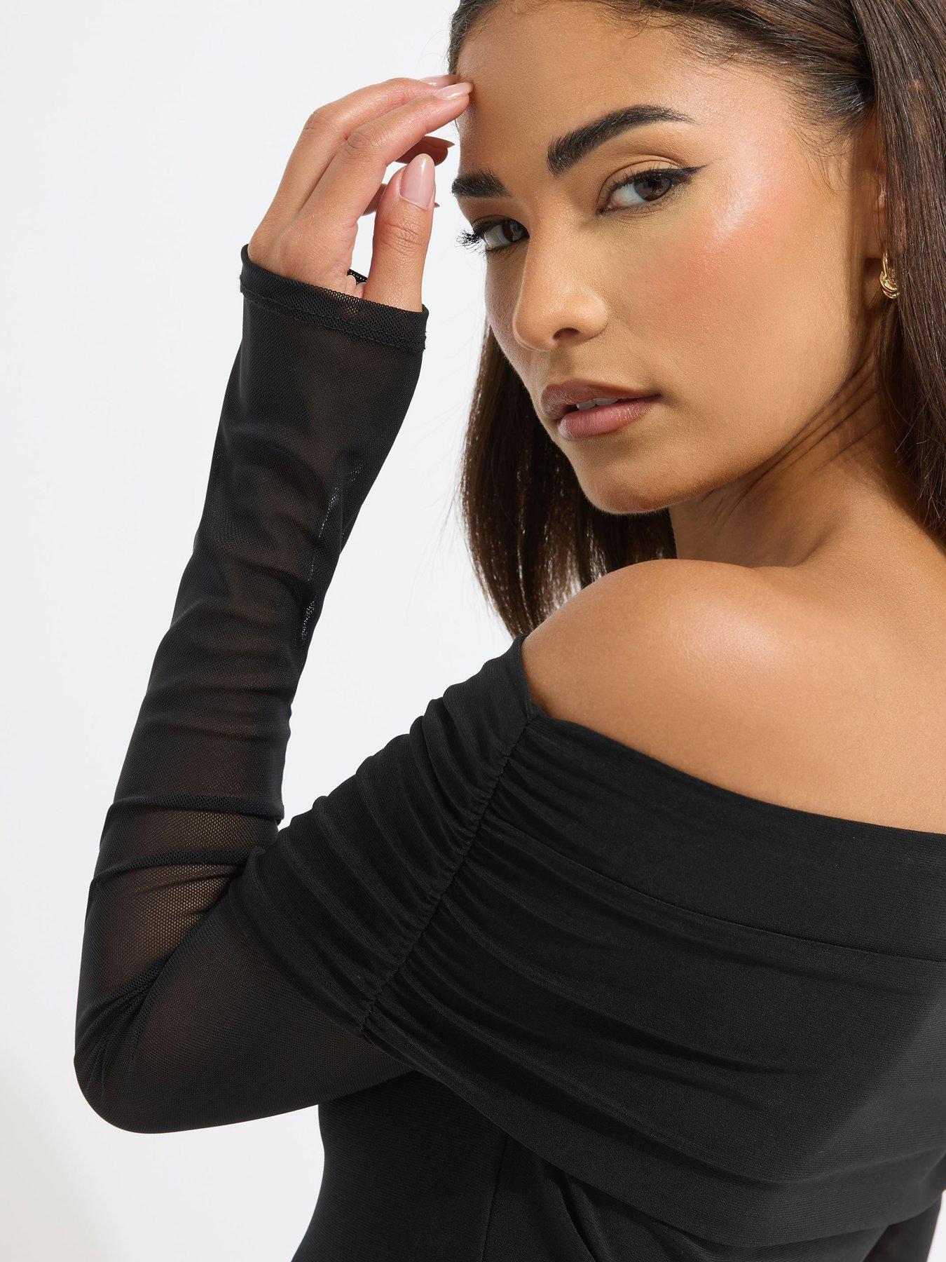 Image 4 of 4 of PixieGirl Petite Mesh Sleeve Bardot Top - Black