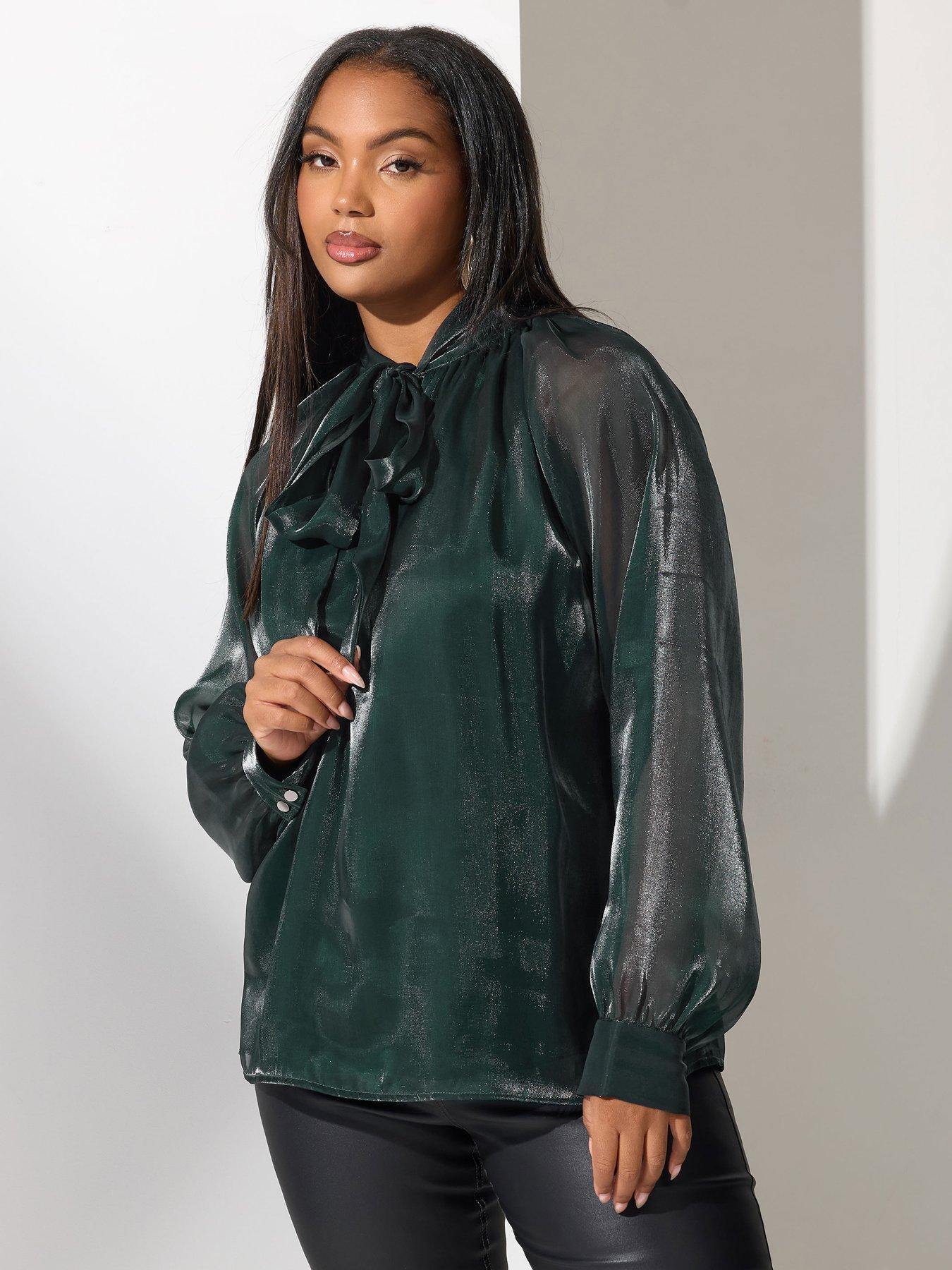 Yours Curve Shimmer Organza Bow Blouse - Green