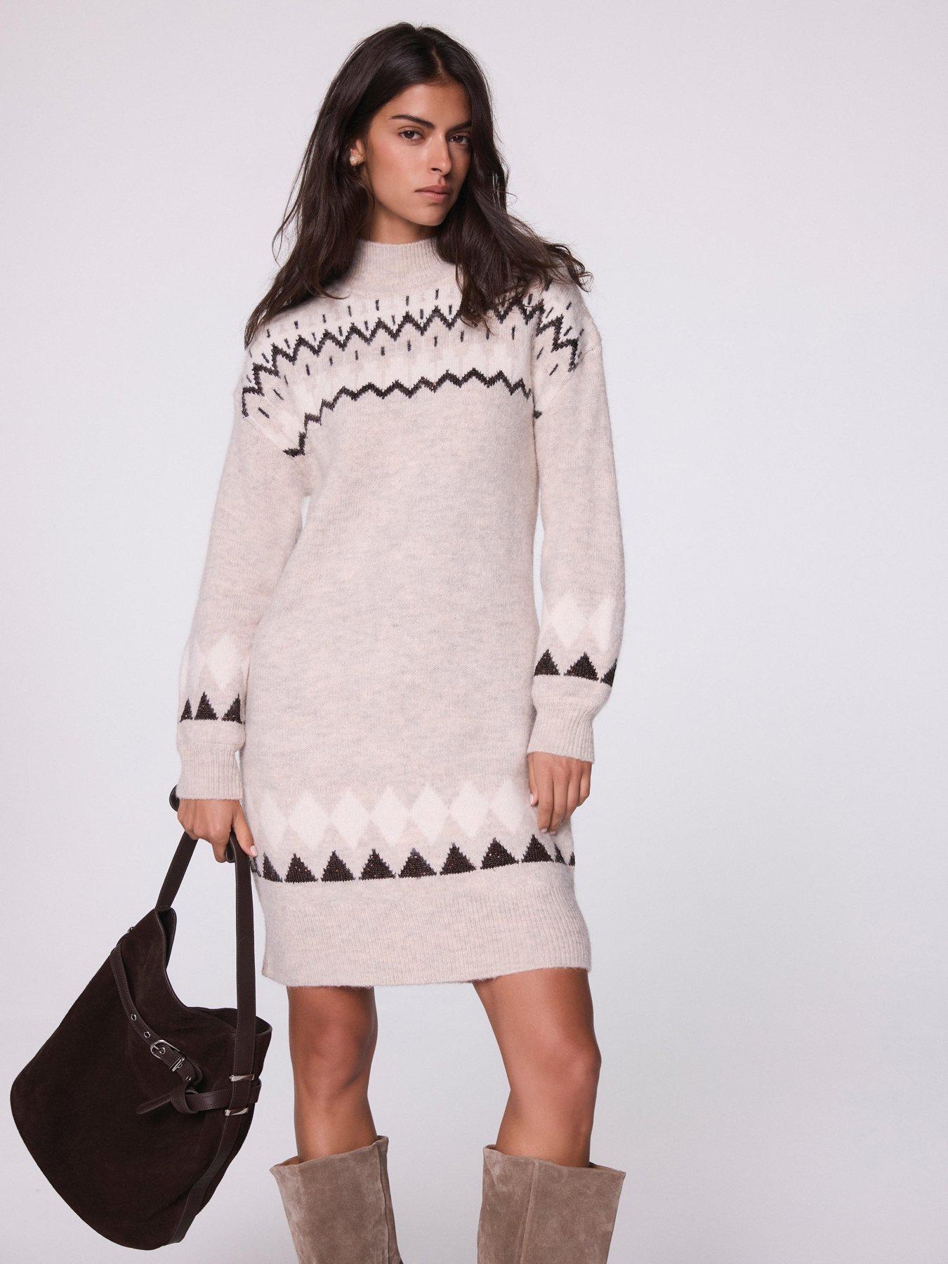Mint Velvet Neutral Fair Isle Mini Dress - Beige