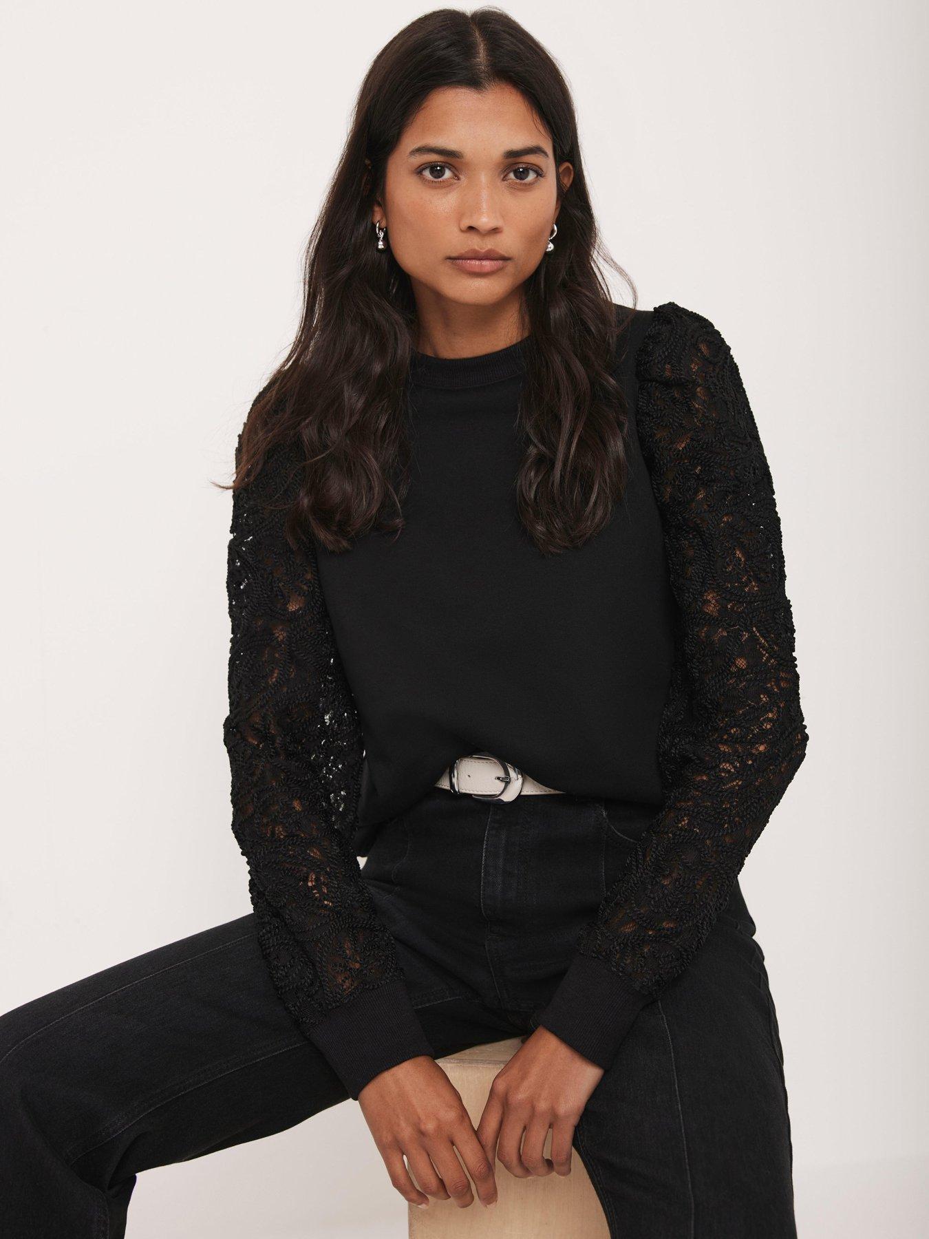 Mint Velvet Lace Sleeve Sweatshirt - Black