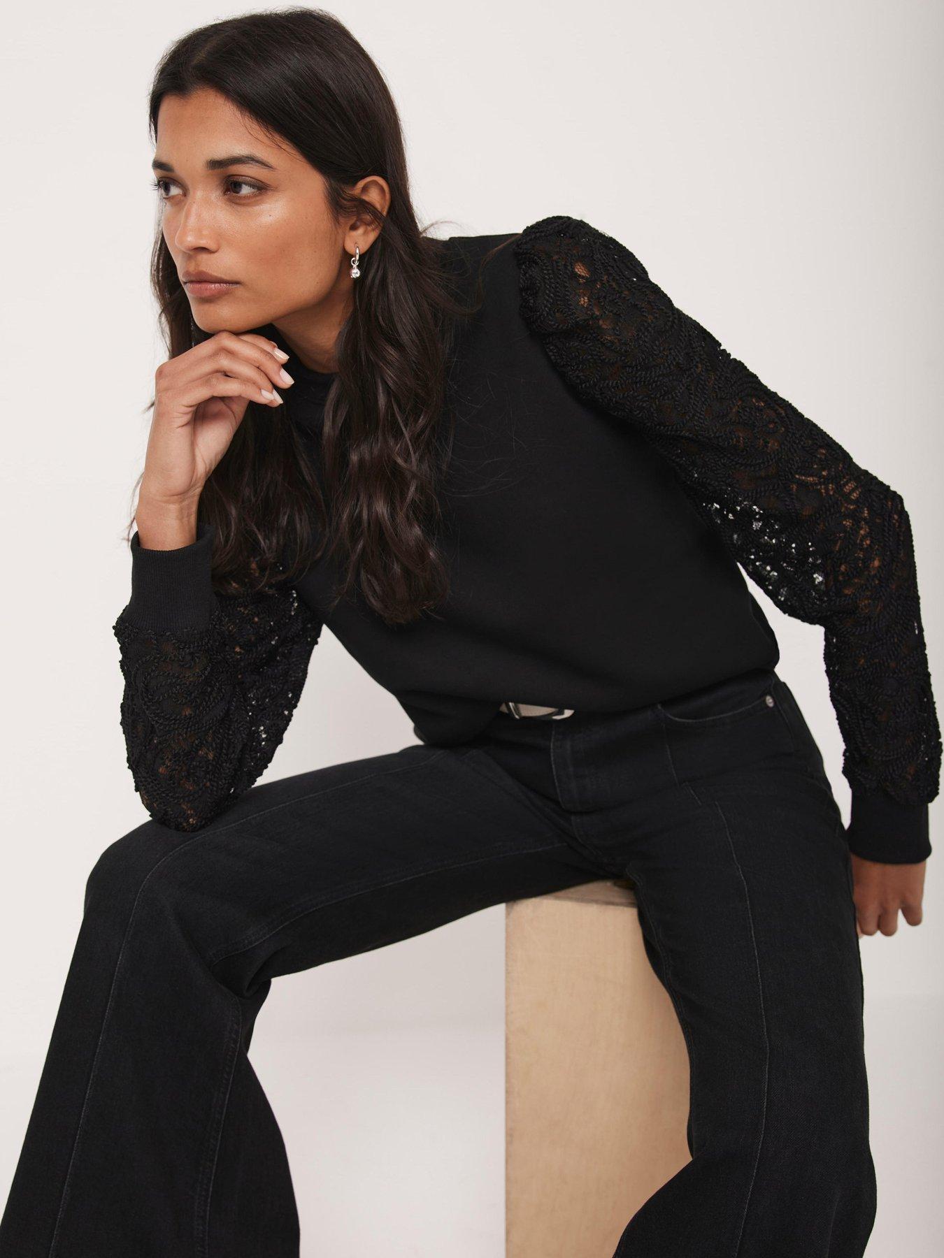  image of mint-velvet-lace-sleeve-sweatshirt-black
