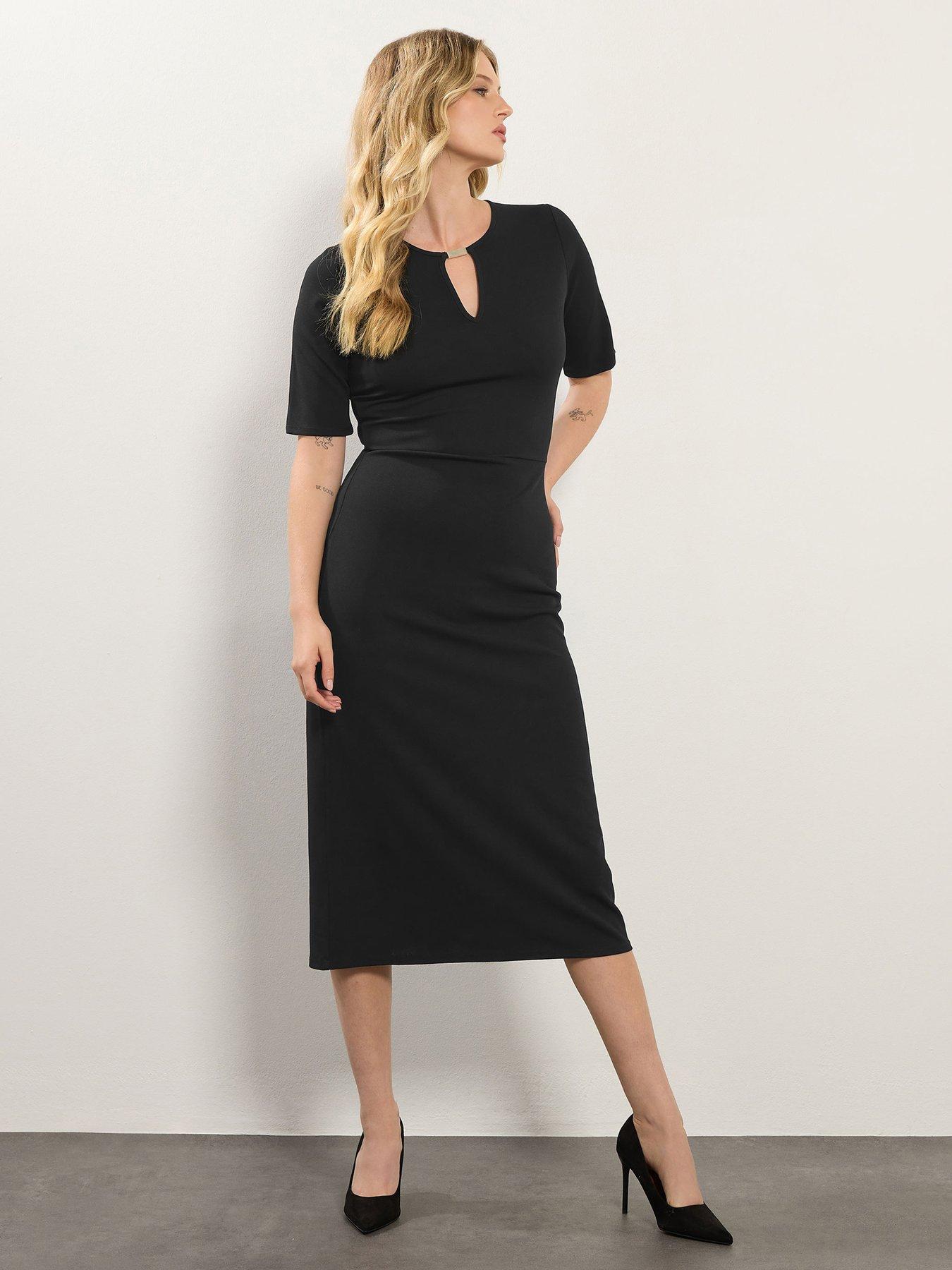 undefined Keyhole Fitted Midi Dress - Black