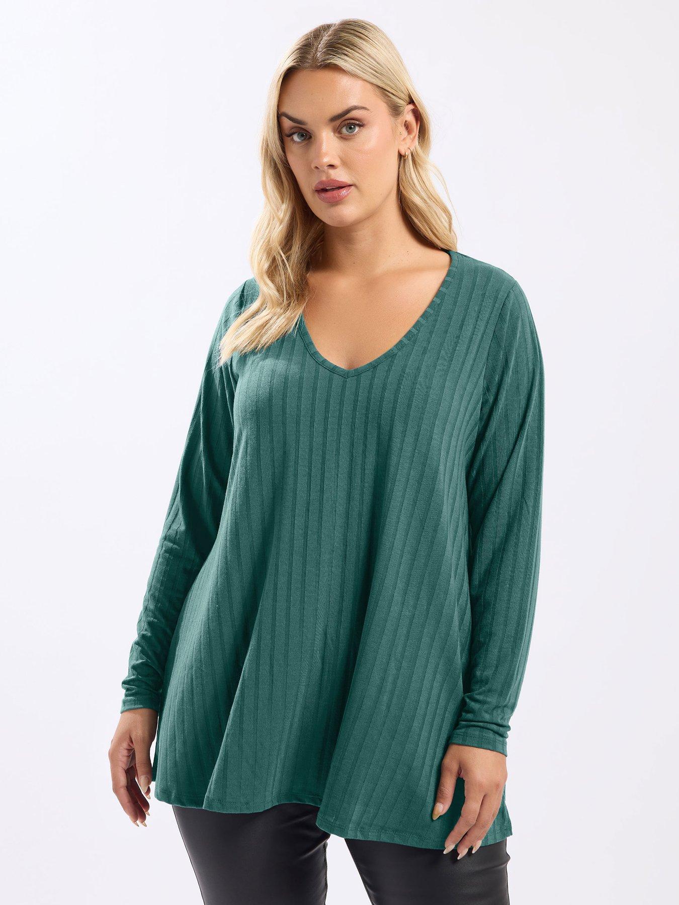 undefined Curve Long Sleeve Ribbed Swing T-Shirt - Blue