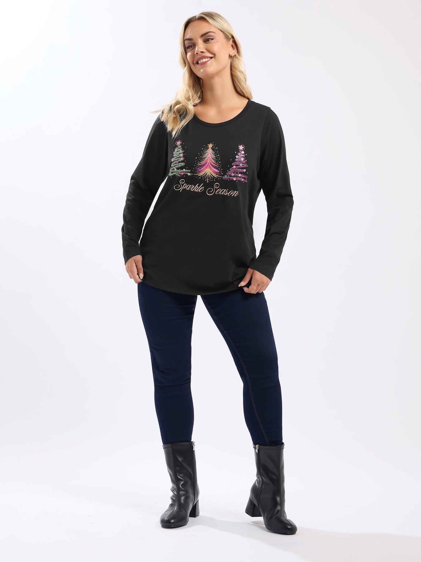 Image 3 of 4 of Yours Curve Long Sleeve Ribbed Swing T-Shirt - Black