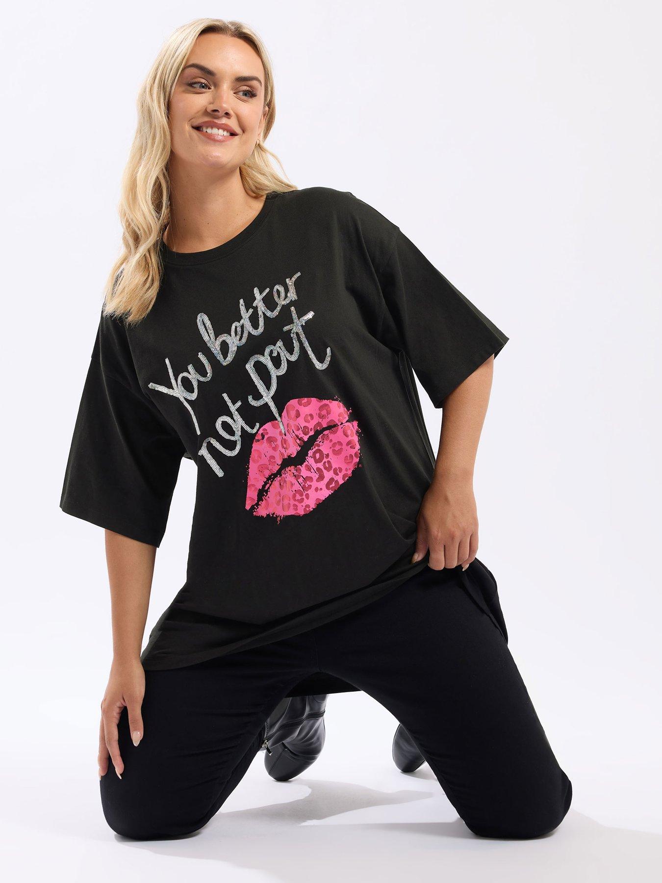 Yours Curve Short Sleeve Novelty Relaxed Pout T-Shirt - Black