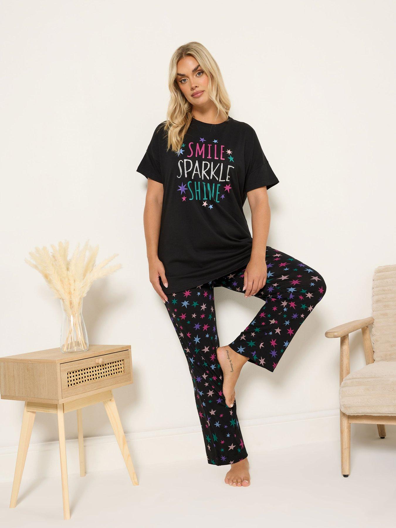 Image 3 of 4 of Yours Curve Sparkle Shine Wide Leg Pyjama Set - Black