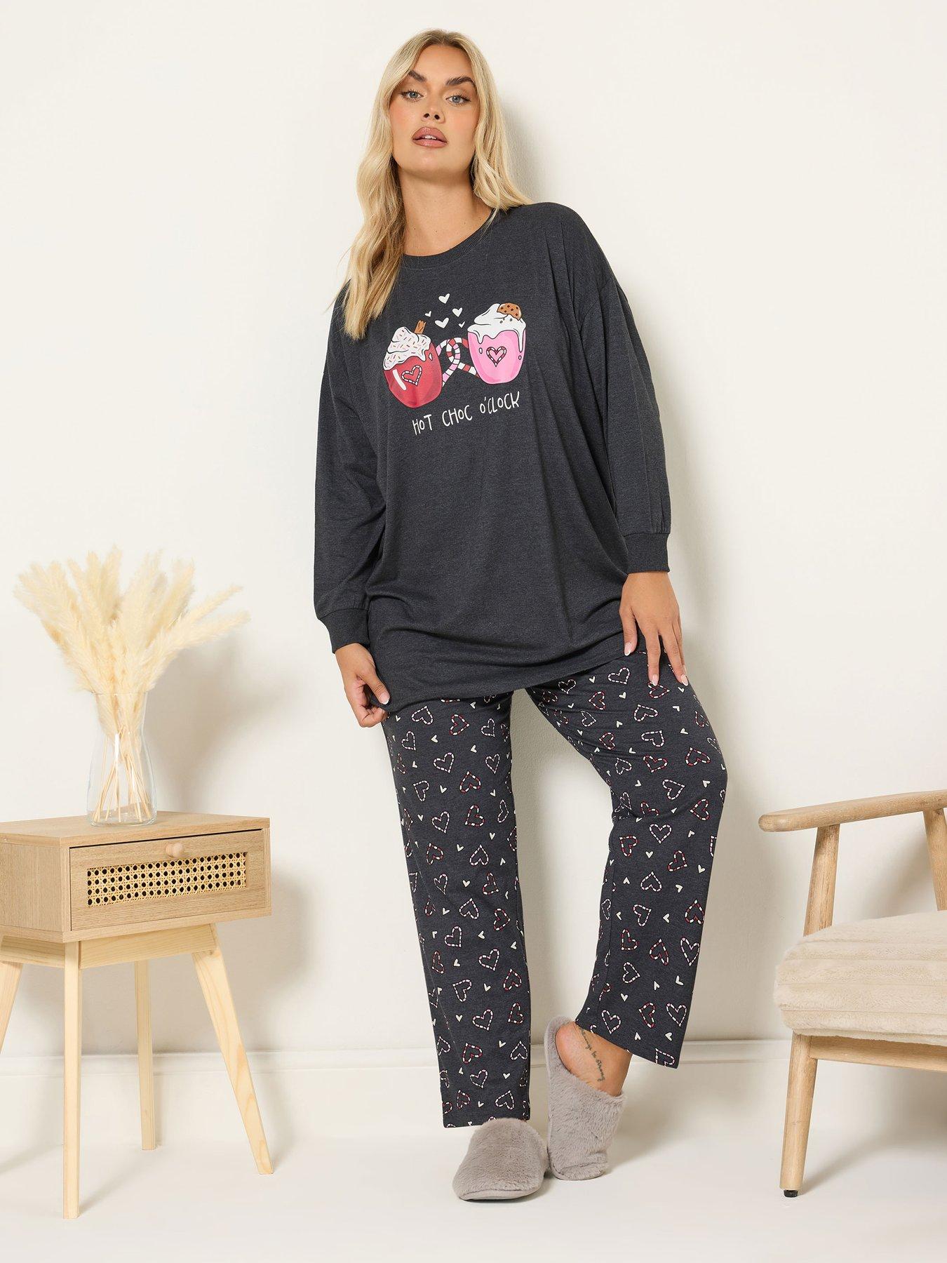 Yours Curve Hot Choc Wide Leg Pyjama Set - Grey