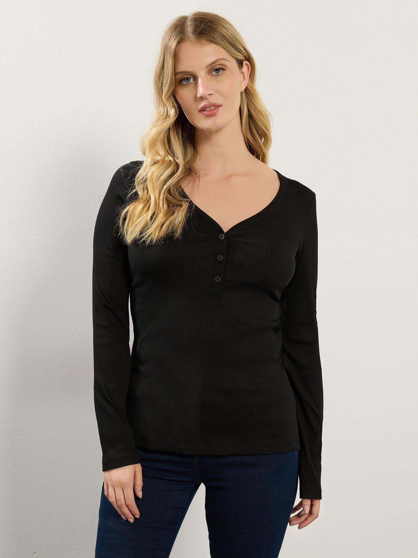 Long Tall Sally Sleeve Rib Henley Top - Black