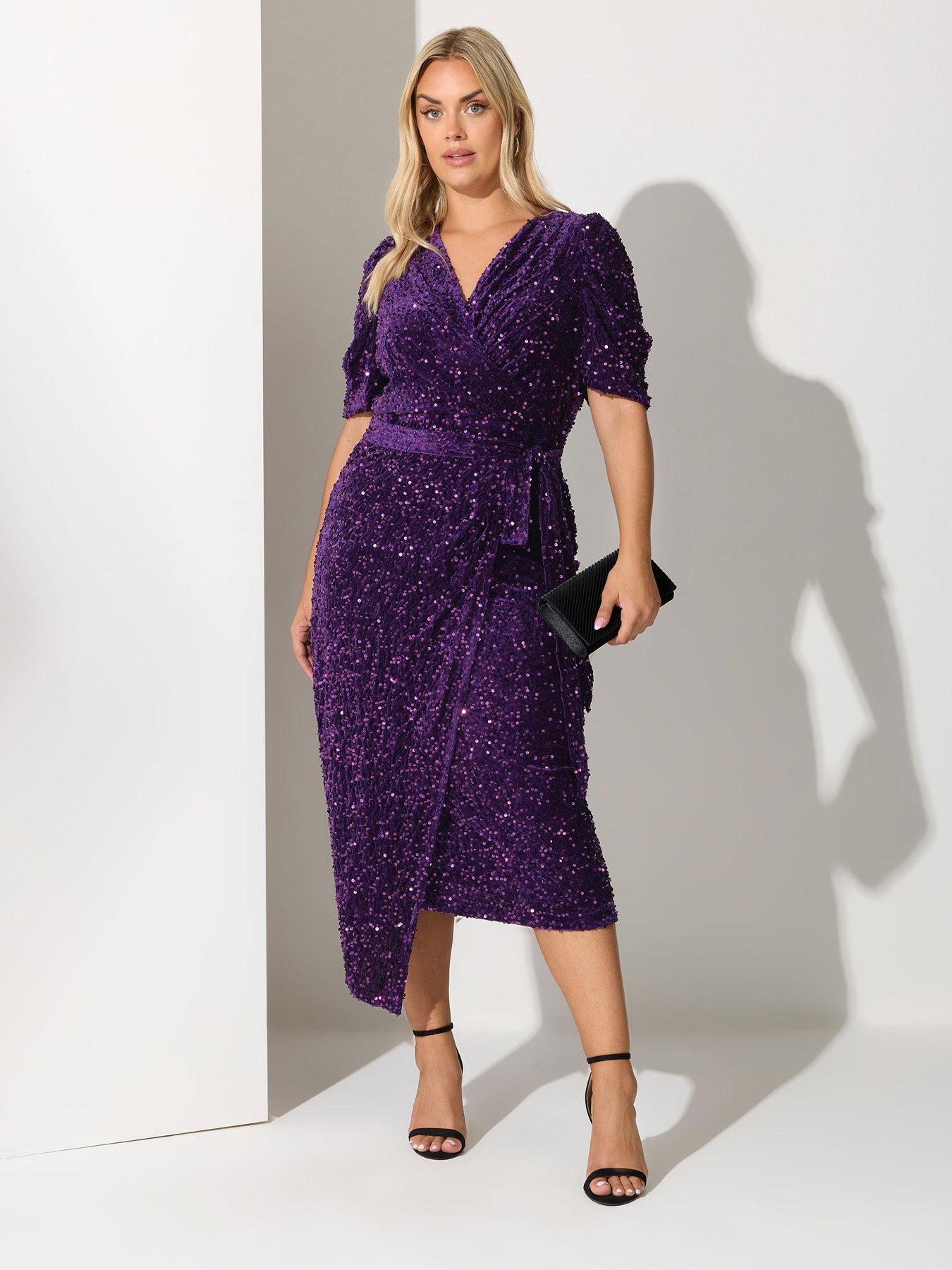 Image 1 of 4 of Yours Curve Sequin Velvet Puff Sleeve Wrap Dress - Purple