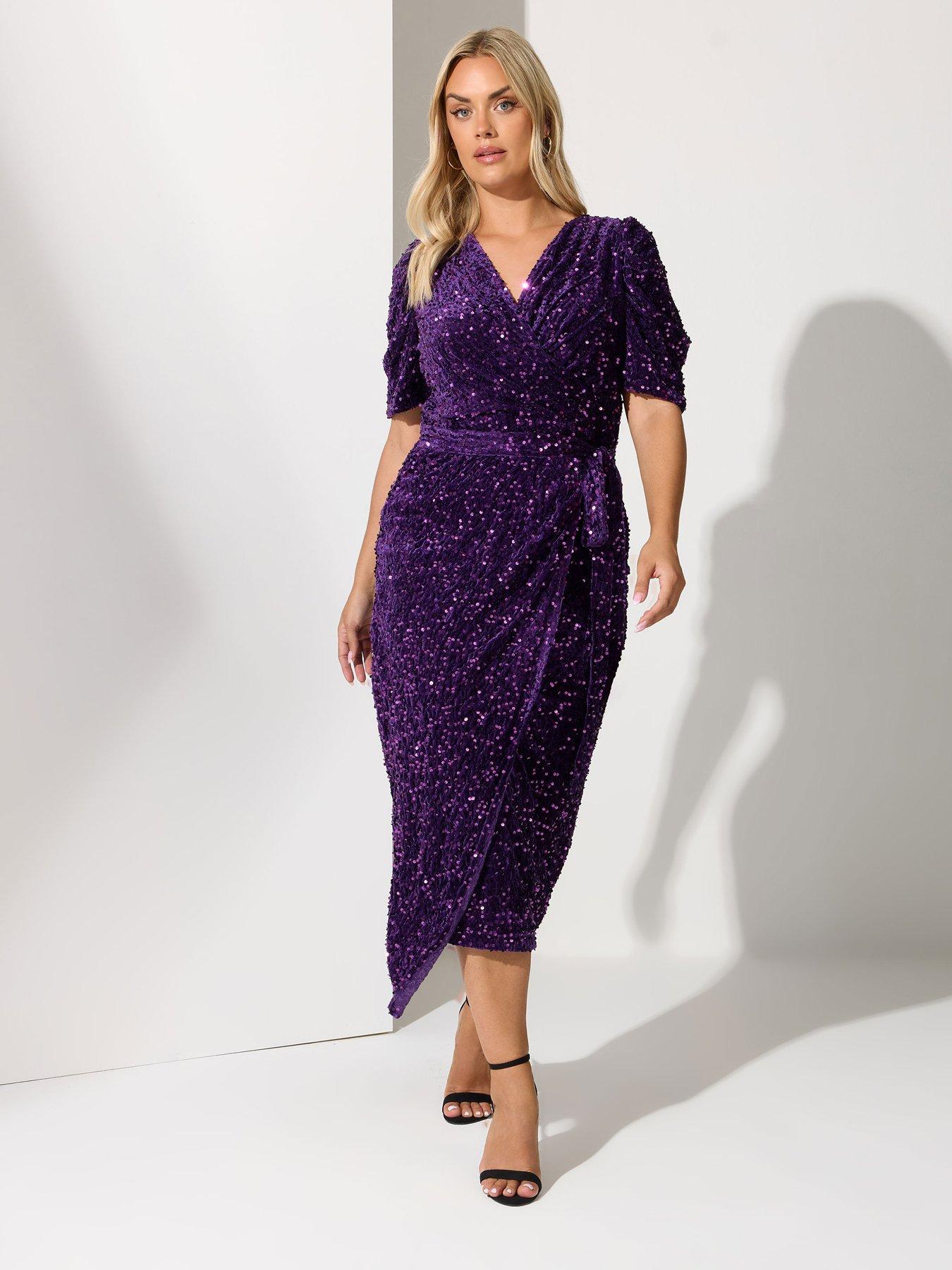 Image 3 of 4 of Yours Curve Sequin Velvet Puff Sleeve Wrap Dress - Purple