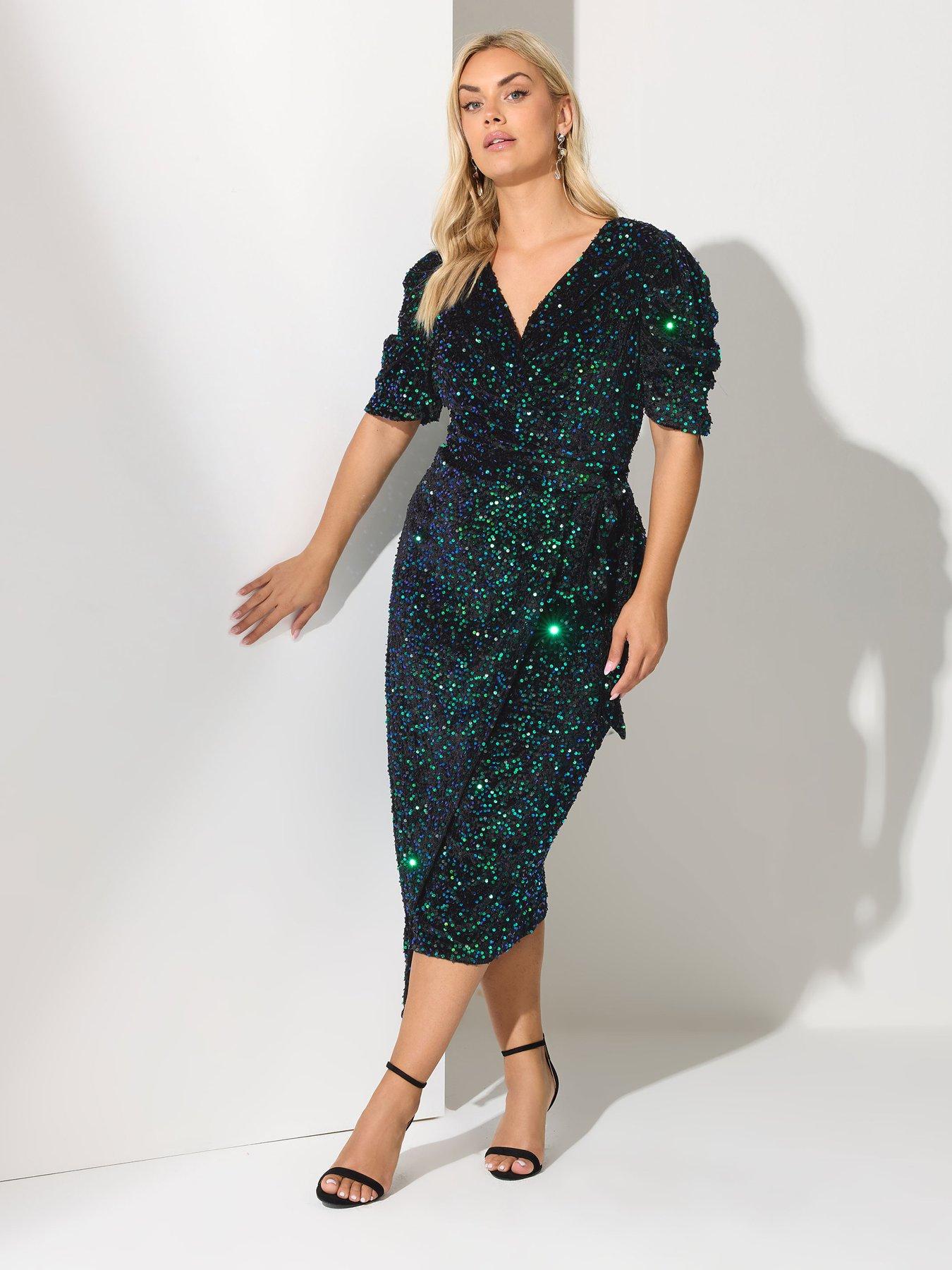 Image 1 of 4 of Yours Curve Sequin Velvet Wrap Dress - Black