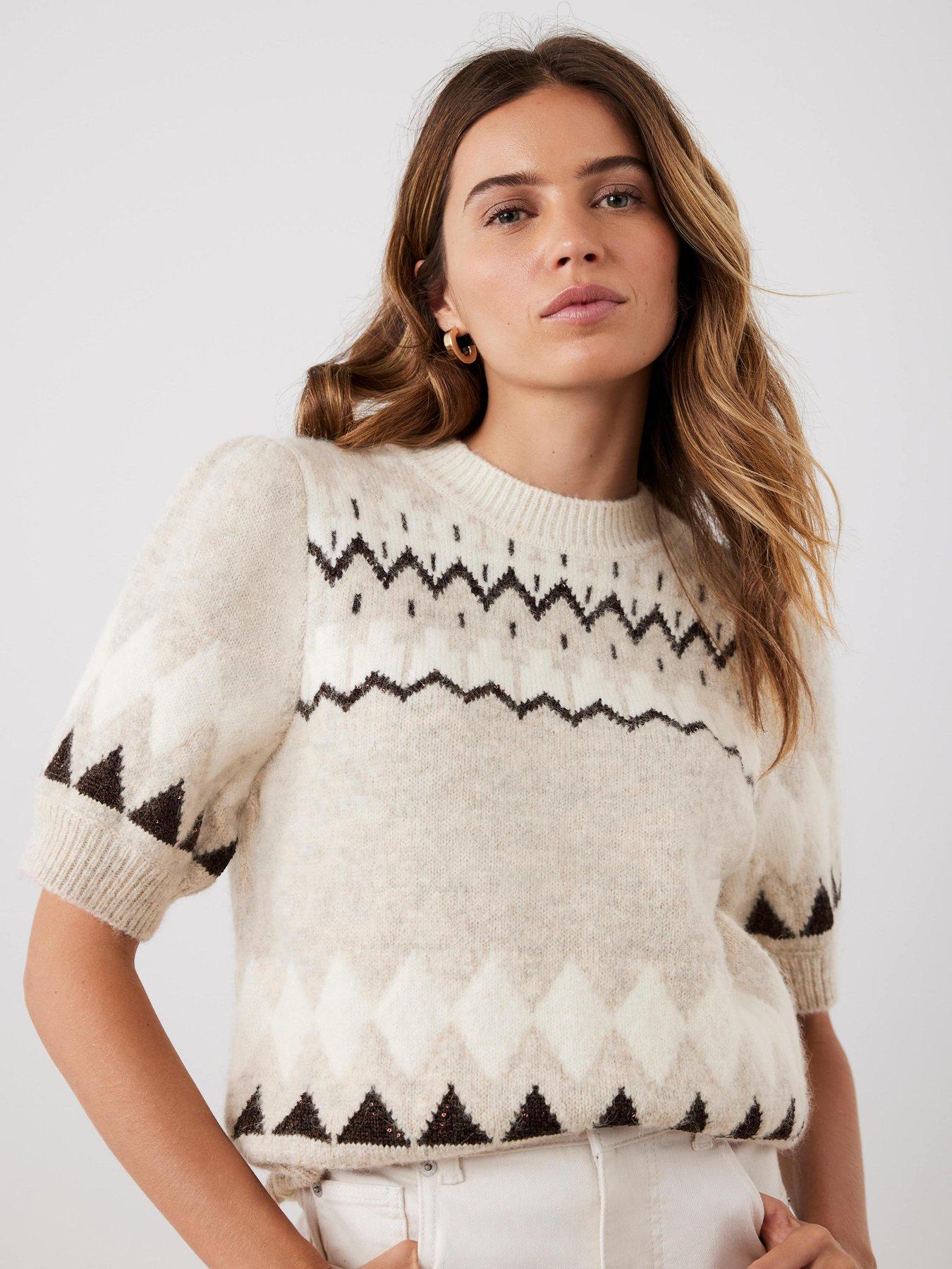 Image 3 of 6 of Mint Velvet Neutral Sequin Fairisle Top - Cream
