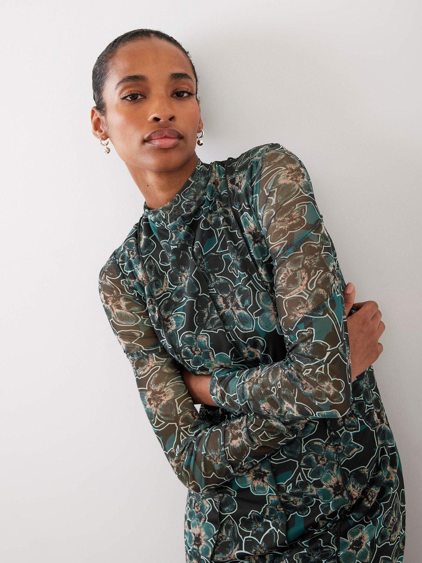 Mint Velvet Floral Print Mesh Midi Dress - Green | Littlewoods