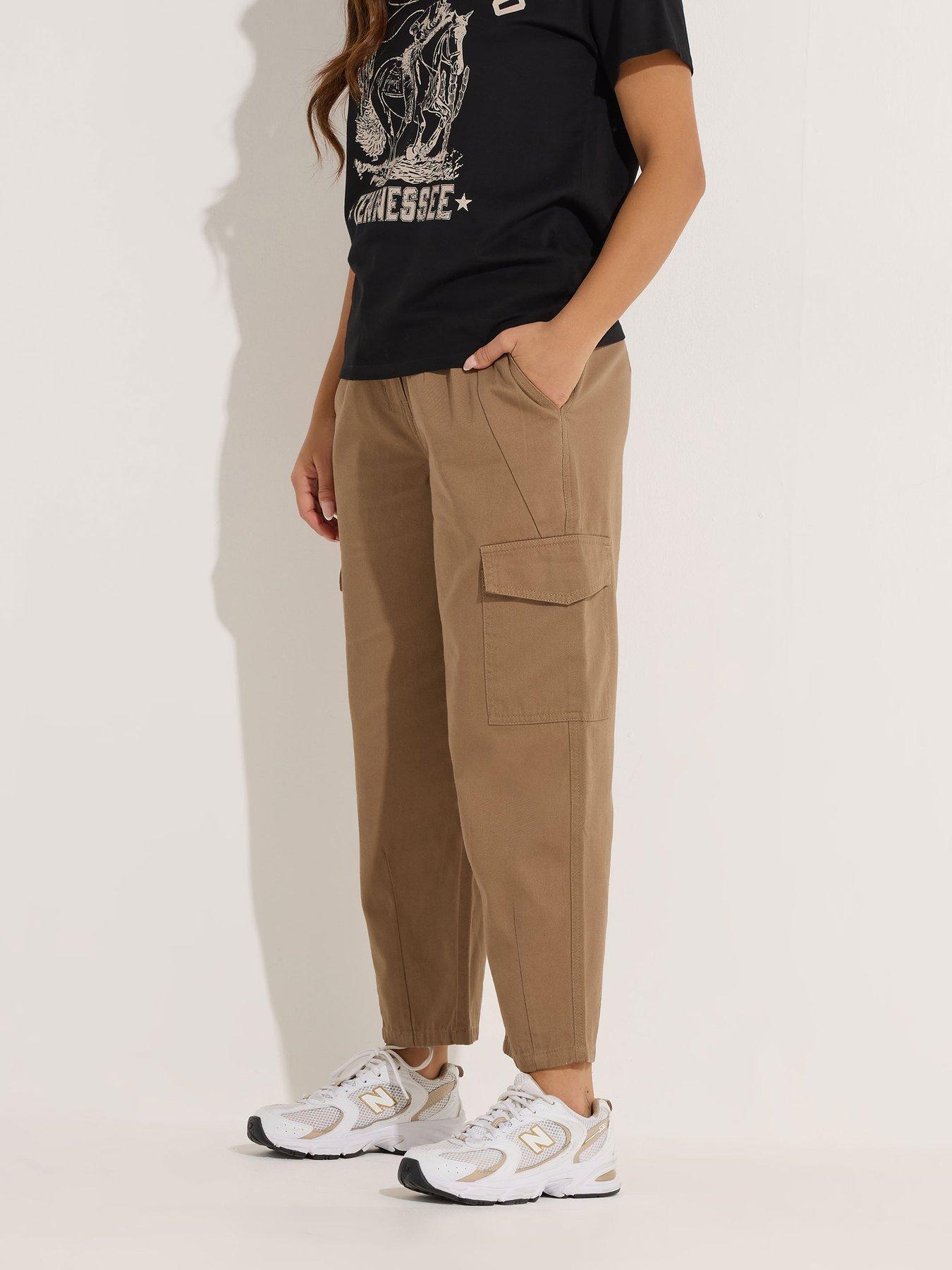 front image of pixiegirl-petite-barrel-leg-cargo-trouser-brown