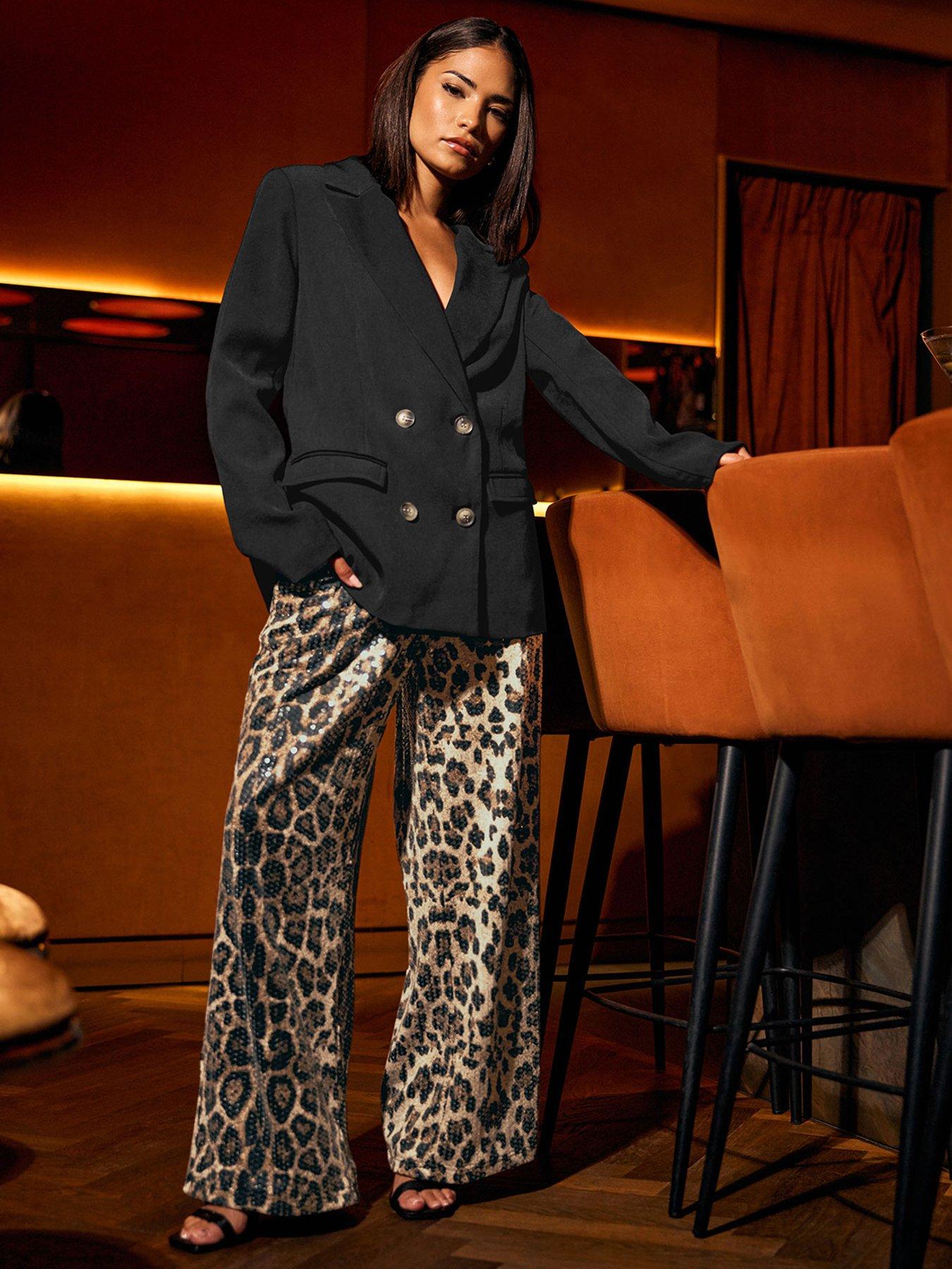  image of pixiegirl-petite-animal-sequin-wide-leg-trouser-brown