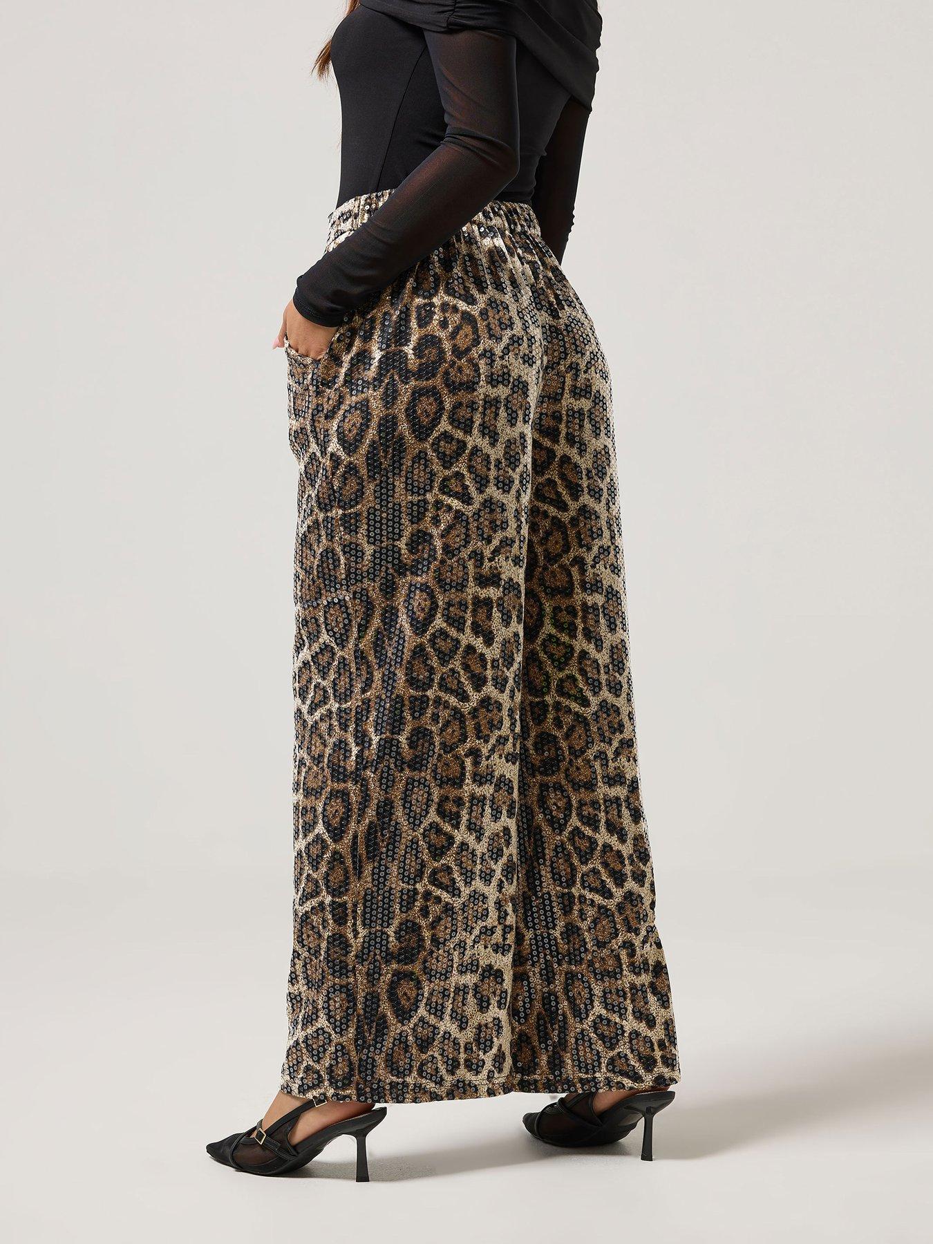  image of pixiegirl-petite-animal-sequin-wide-leg-trouser-brown