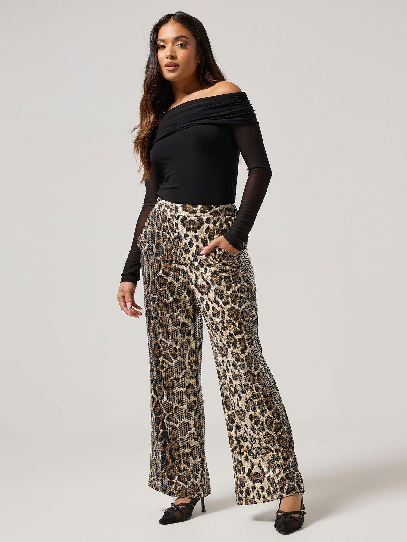  image of pixiegirl-petite-animal-sequin-wide-leg-trouser-brown