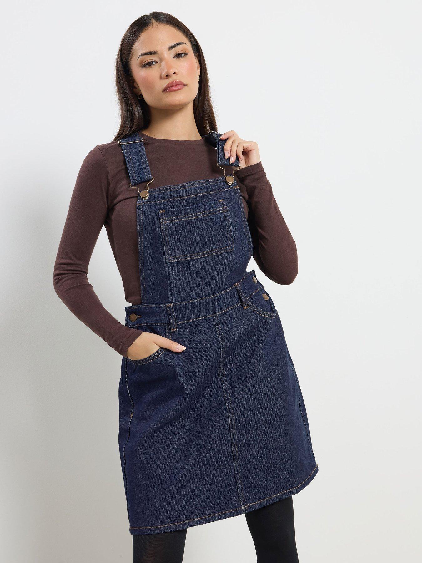 front image of pixiegirl-petite-denim-dungaree-mini-dress
