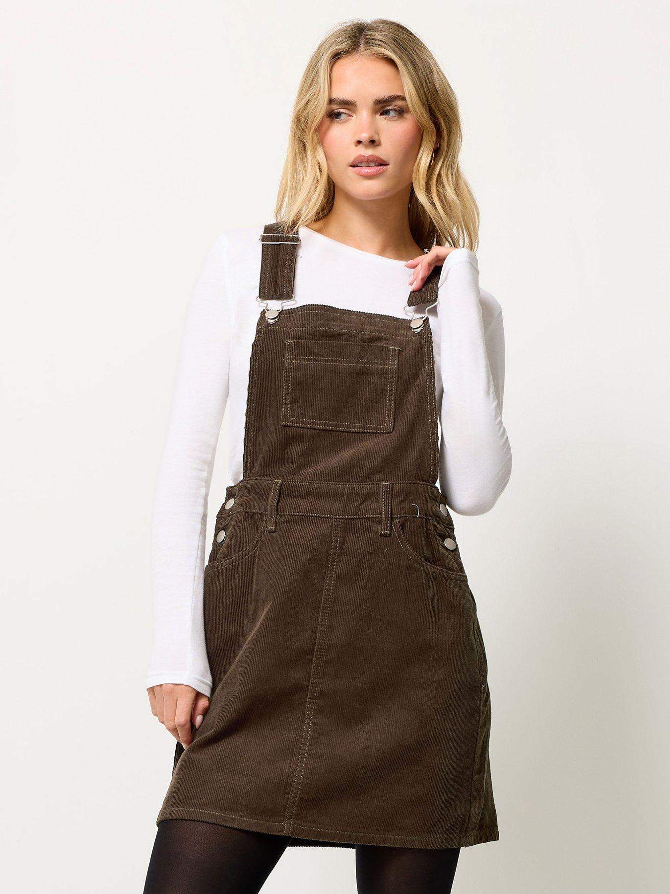Image 1 of 4 of PixieGirl Petite Cord Dungaree Mini Dress - Brown