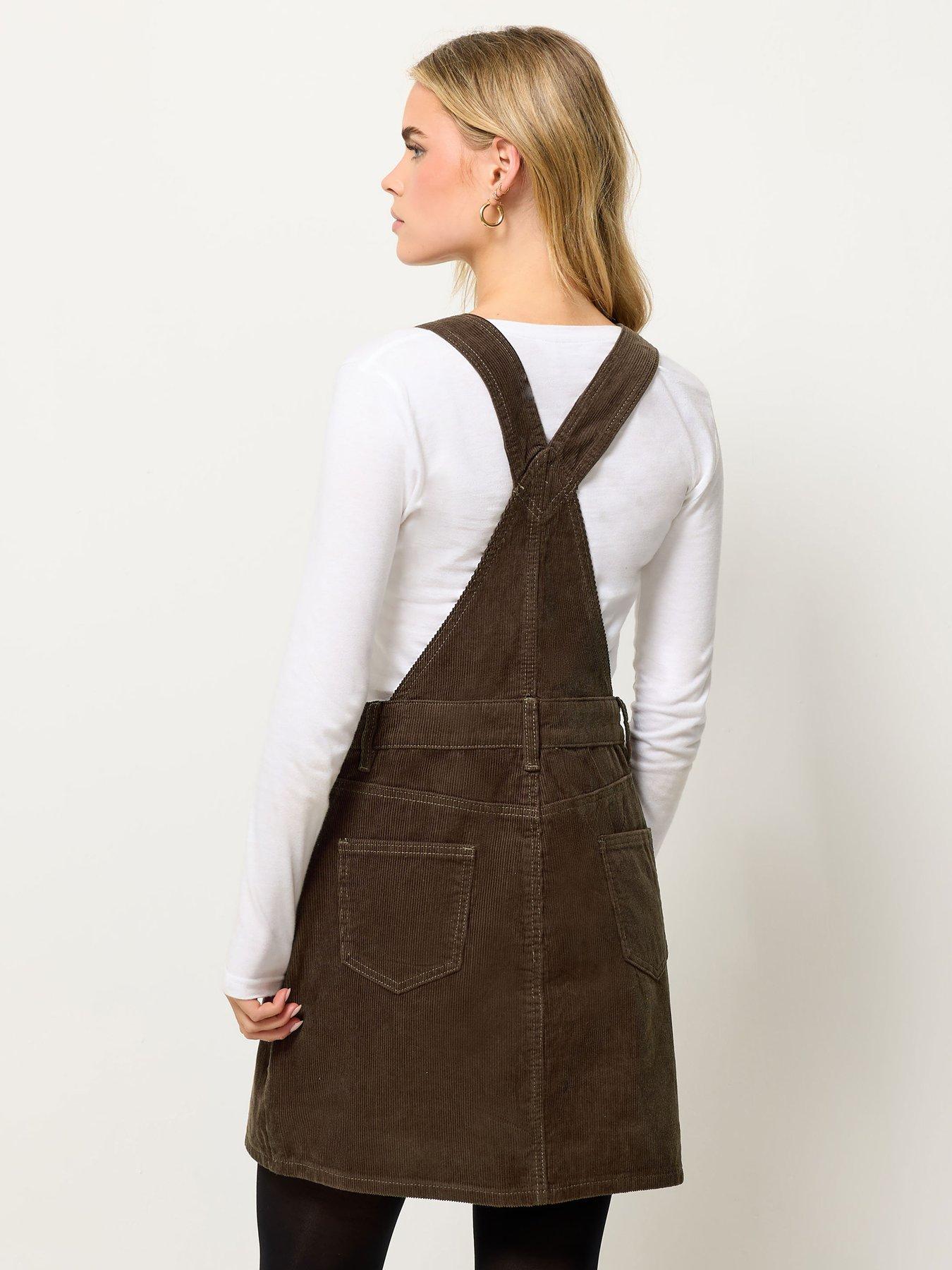Image 2 of 4 of PixieGirl Petite Cord Dungaree Mini Dress - Brown
