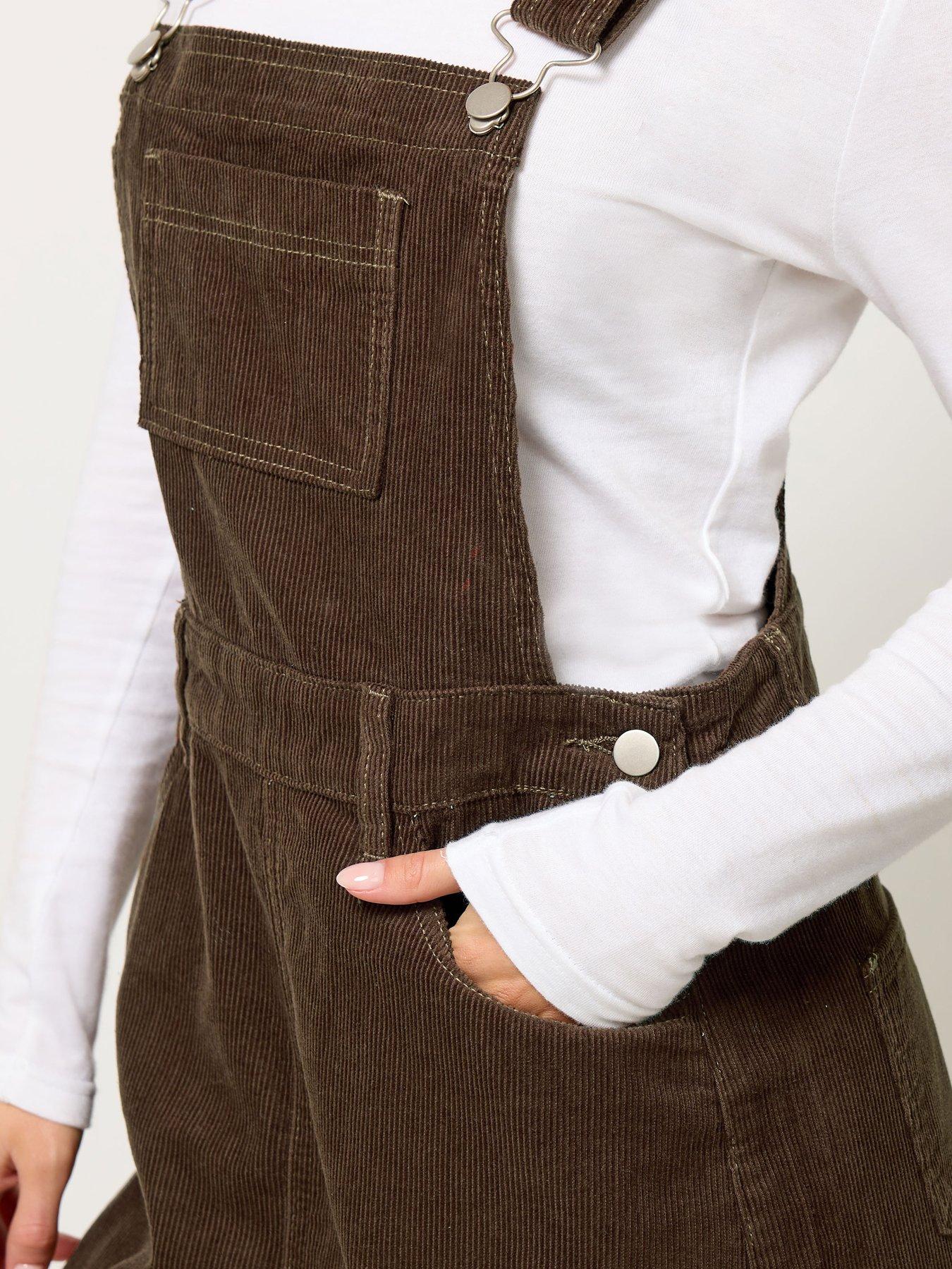 Image 4 of 4 of PixieGirl Petite Cord Dungaree Mini Dress - Brown