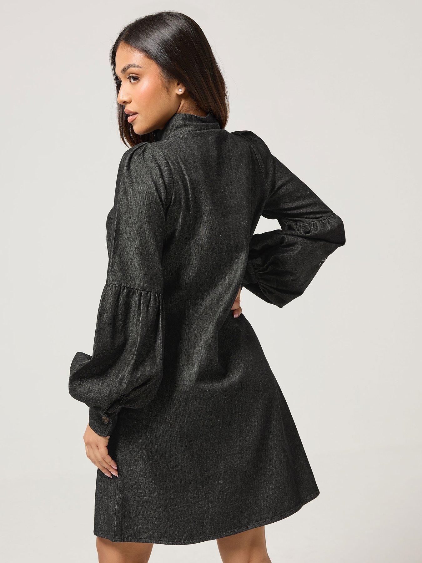  image of pixiegirl-petite-denim-balloon-sleeve-shirt-dress-brown