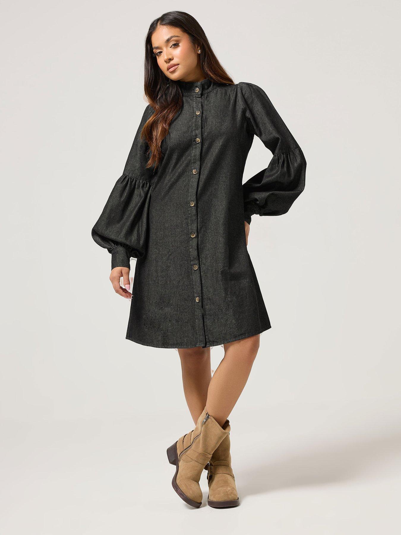  image of pixiegirl-petite-denim-balloon-sleeve-shirt-dress-brown