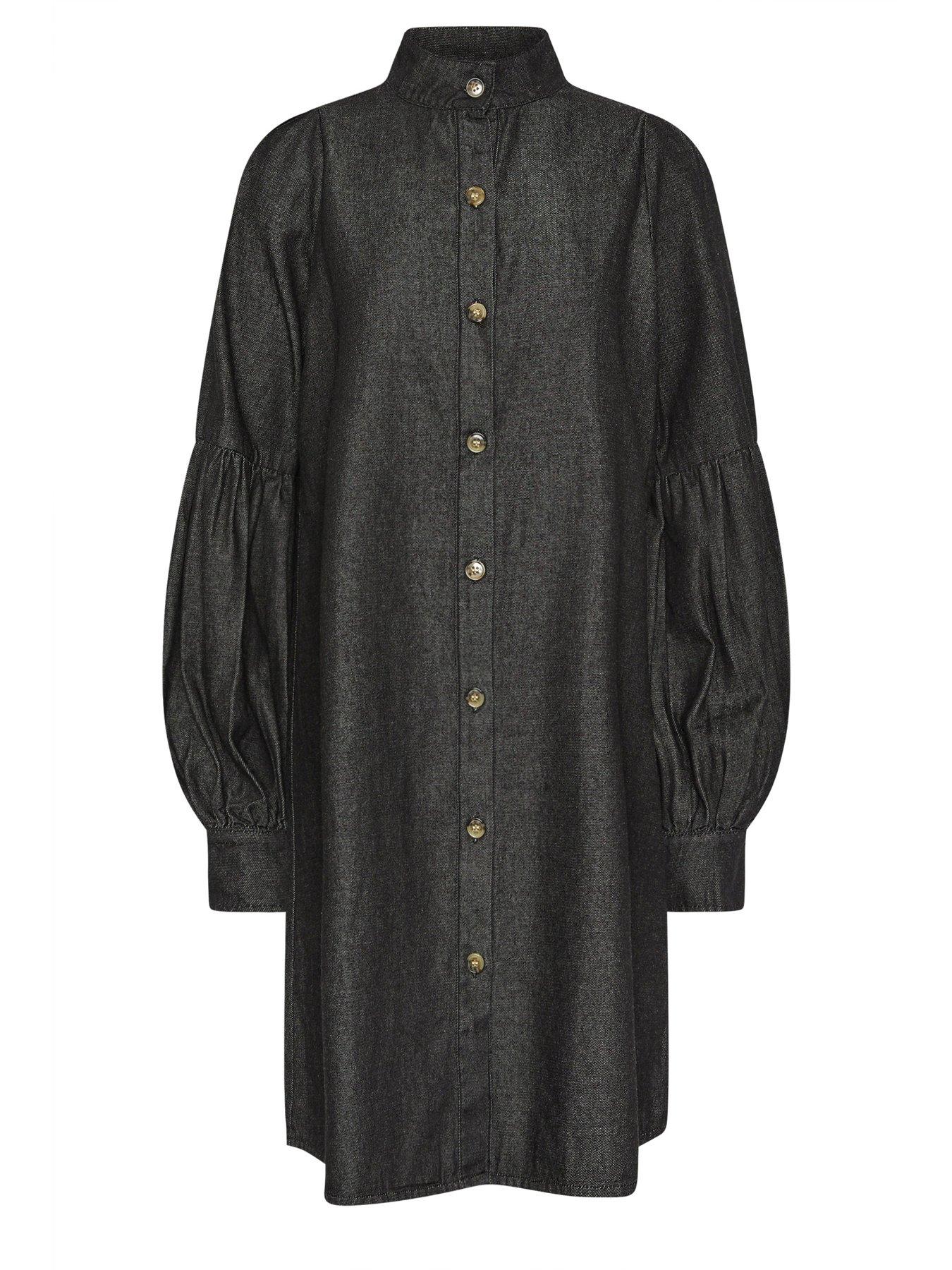  image of pixiegirl-petite-denim-balloon-sleeve-shirt-dress-brown