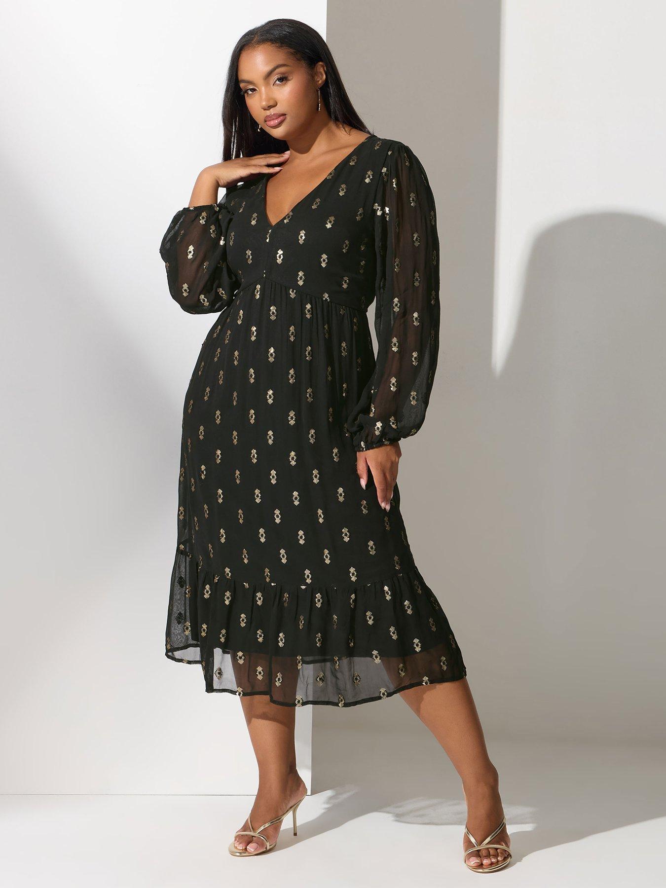 Yours Curve Sequin Boho Smock Dress - Black