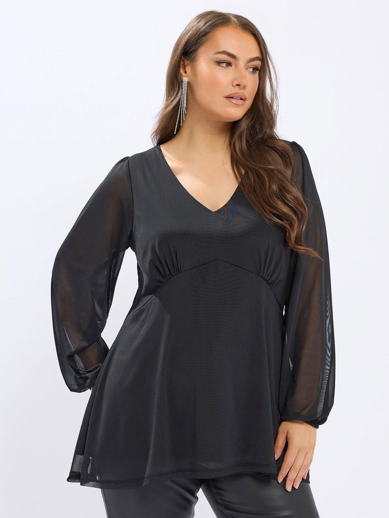 Image 1 of 4 of Yours Curve Mesh A Line Balloon Sleeve Top - Black