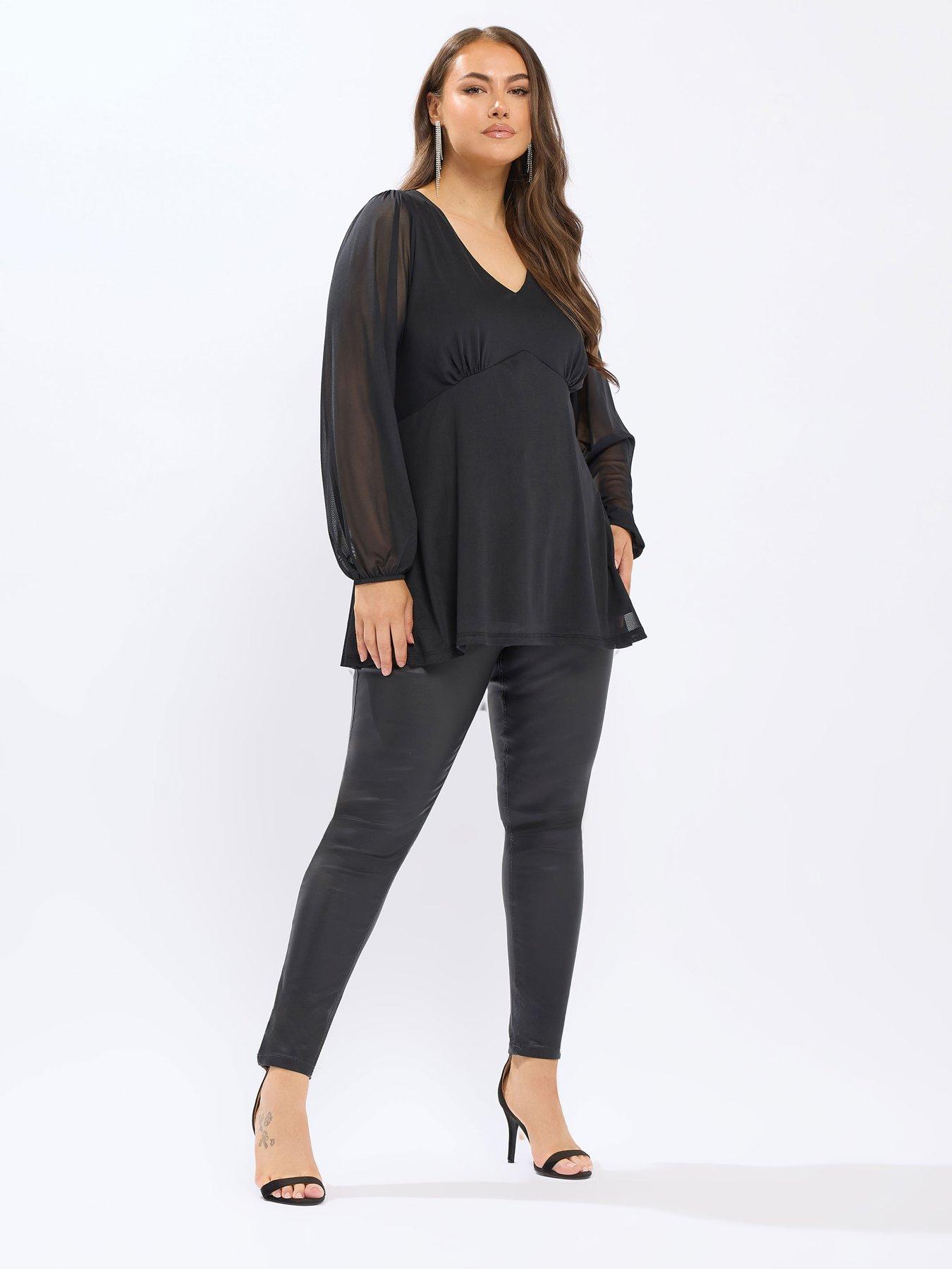 Image 3 of 4 of Yours Curve Mesh A Line Balloon Sleeve Top - Black