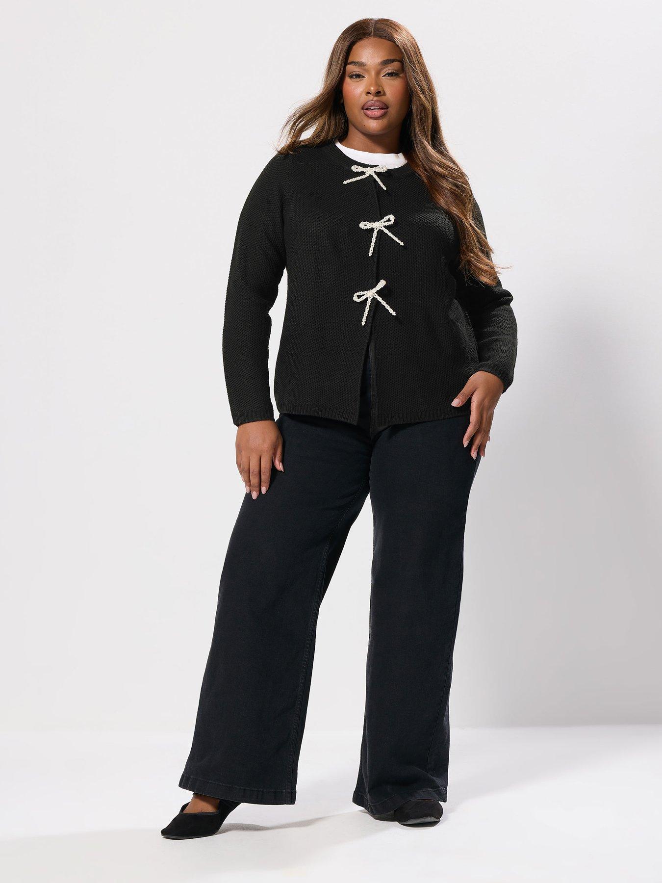 Image 3 of 4 of Yours Curve Pearl Bow Button Cardigan - Black