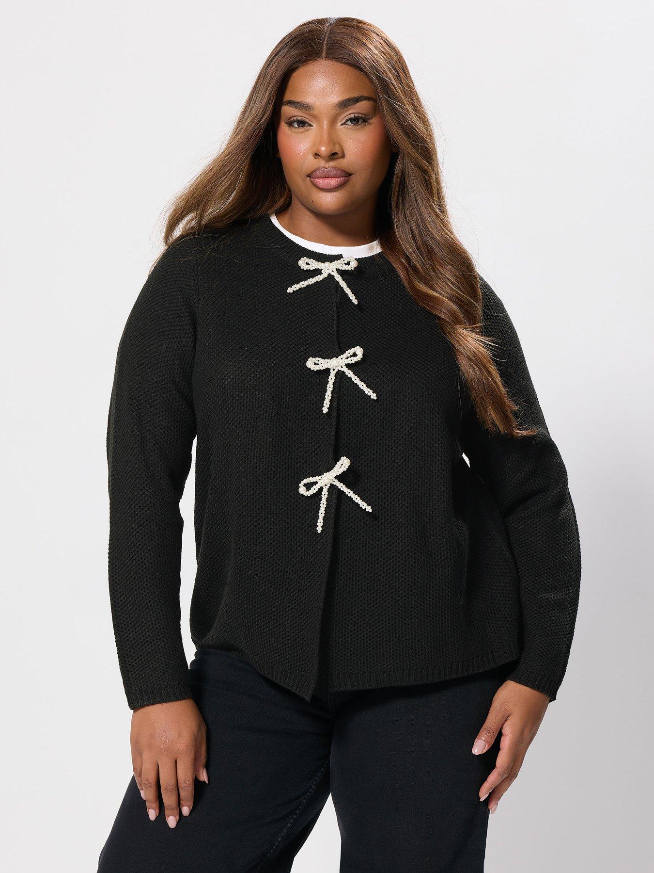 Image 4 of 4 of Yours Curve Pearl Bow Button Cardigan - Black