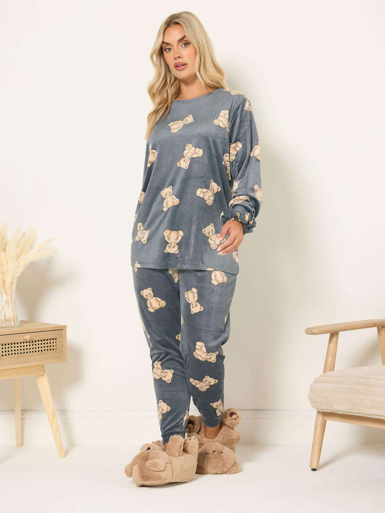 Image 3 of 4 of Yours Curve Teddy Bear Fleece Pyjama Set - Grey