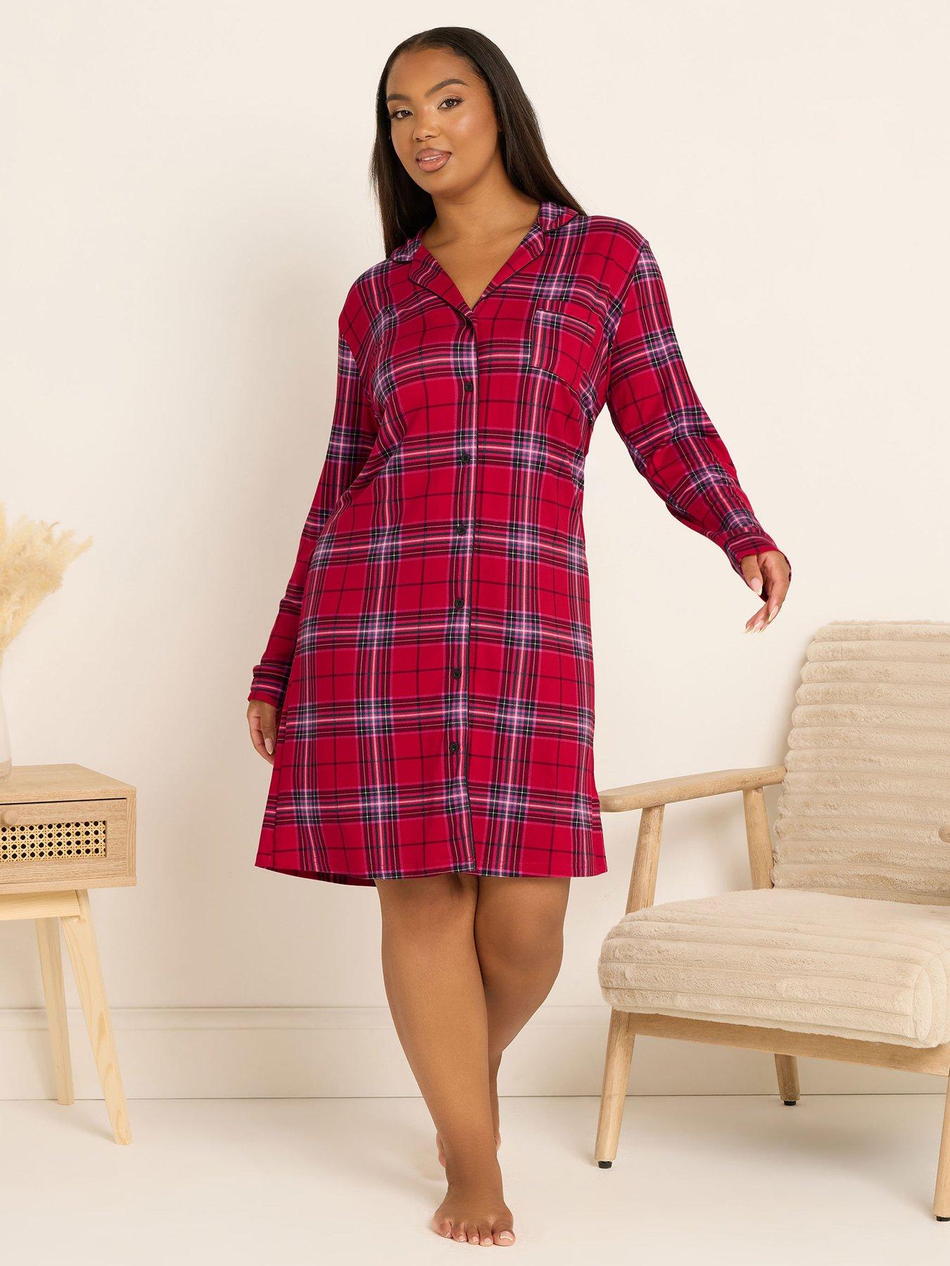 Yours Curve Soft Touch Button Star Check Nightdress - Red