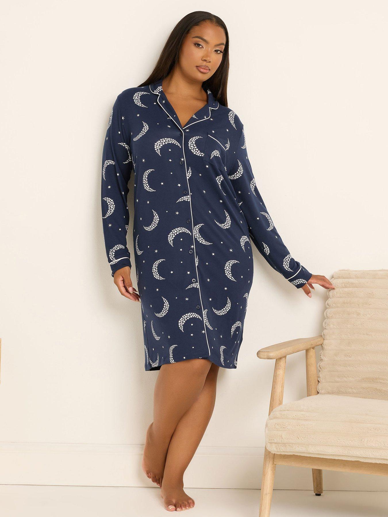 Image 1 of 4 of Yours Curve Soft Touch Button Star Moons Nightdress - Blue