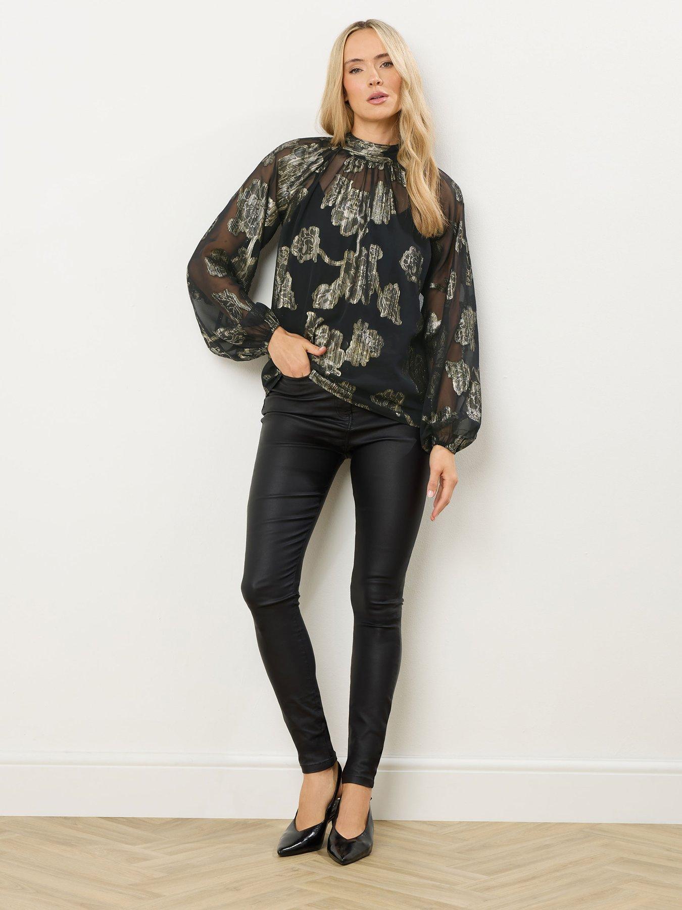  image of long-tall-sally-jacquard-high-neck-blouse-black