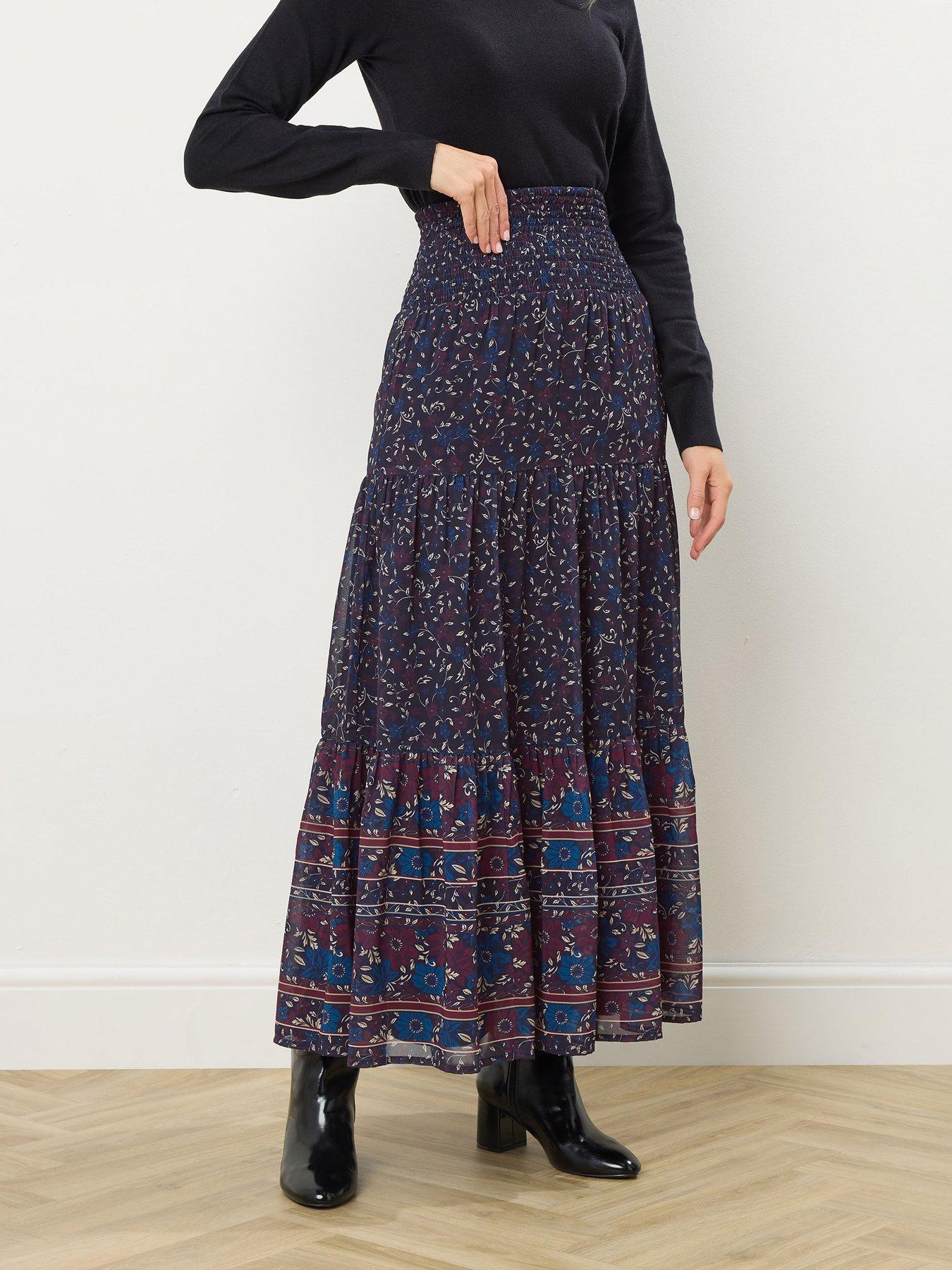 Long Tall Sally Floral Border Tiered Skirt - Blue