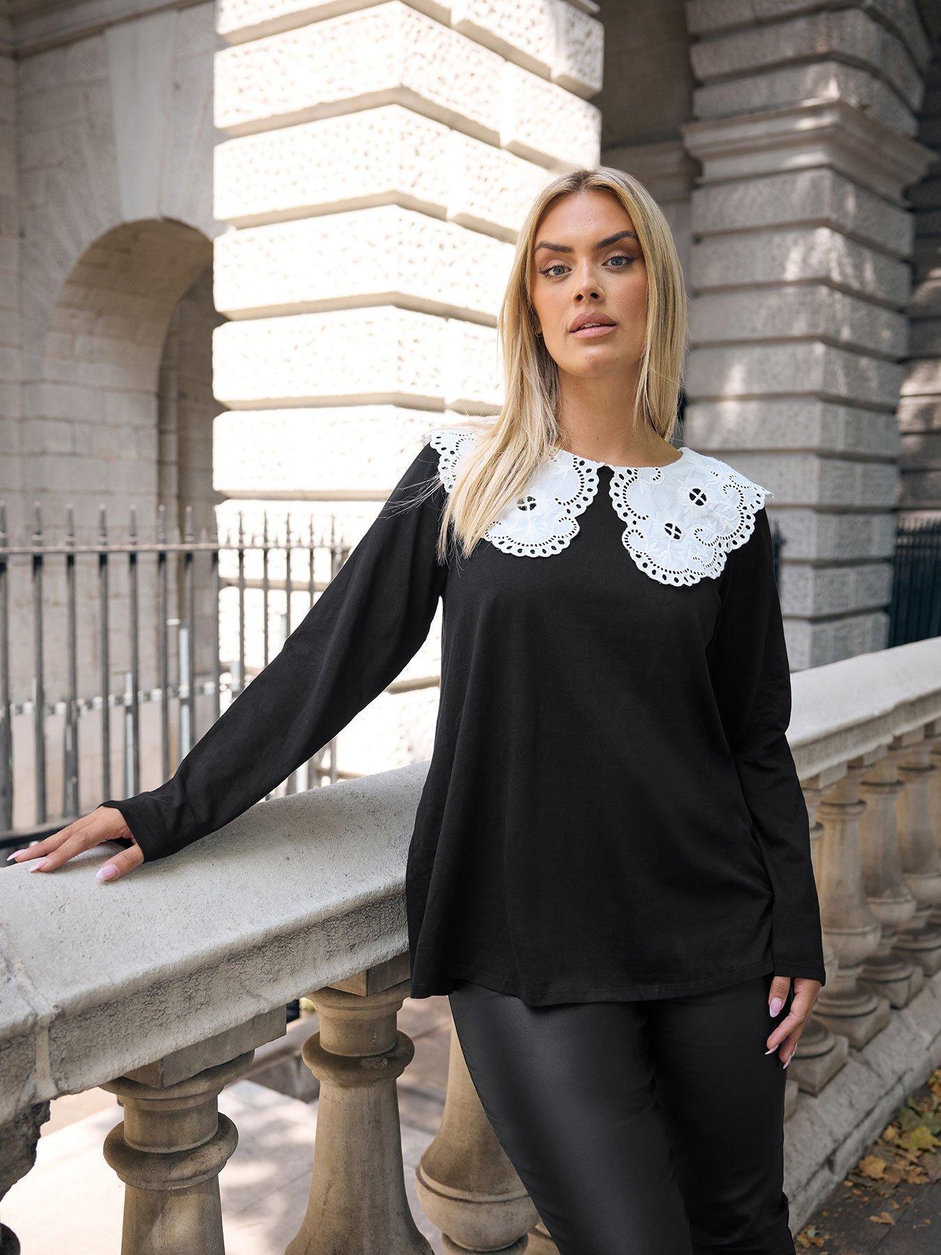 undefined Curve Lace Collar Long Sleeve A-Line Top - Black