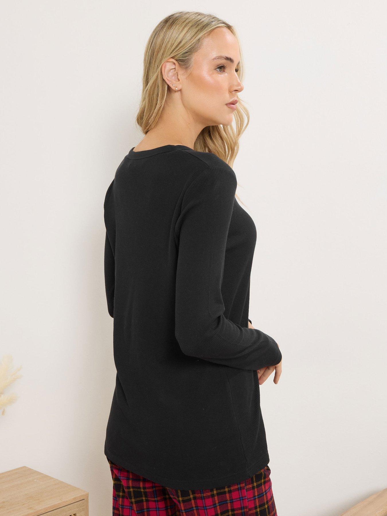  image of long-tall-sally-sleeve-waffle-pyjama-top-black