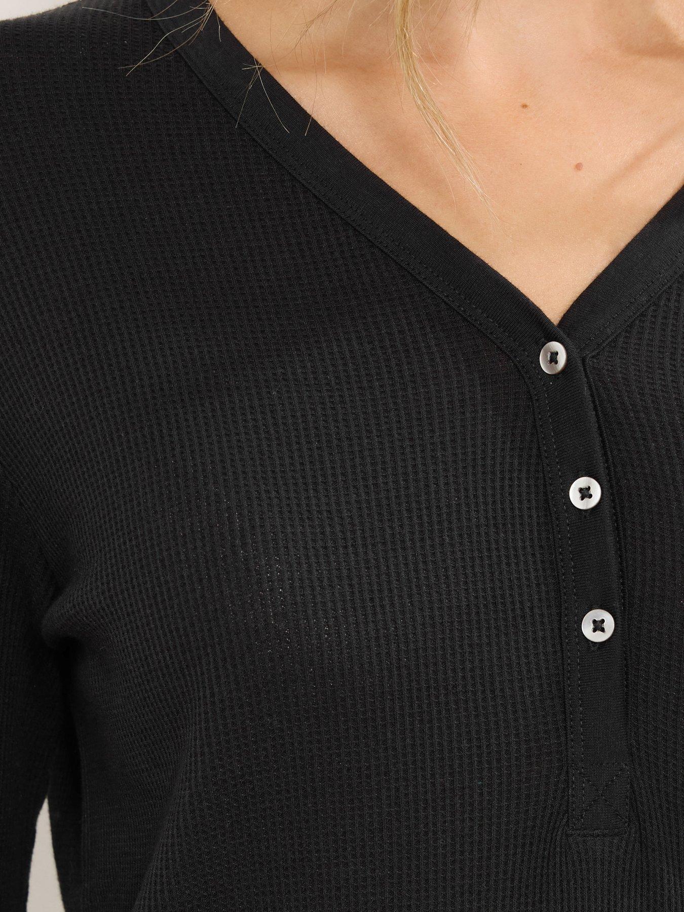  image of long-tall-sally-sleeve-waffle-pyjama-top-black