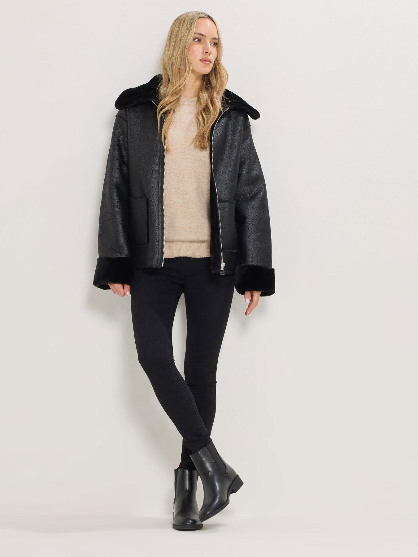  image of long-tall-sally-faux-fur-trim-zip-through-jacket-black