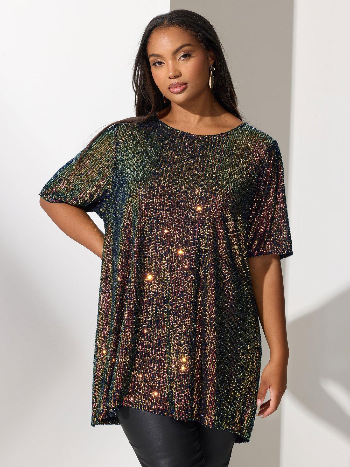 Yours Curve Multi Sequin T Shirt - Black