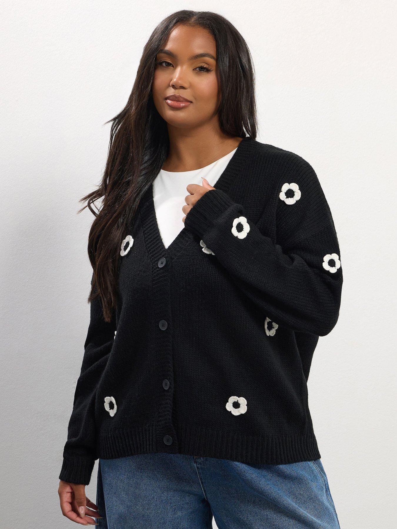Yours Curve Flower Detail Cardigan - Black