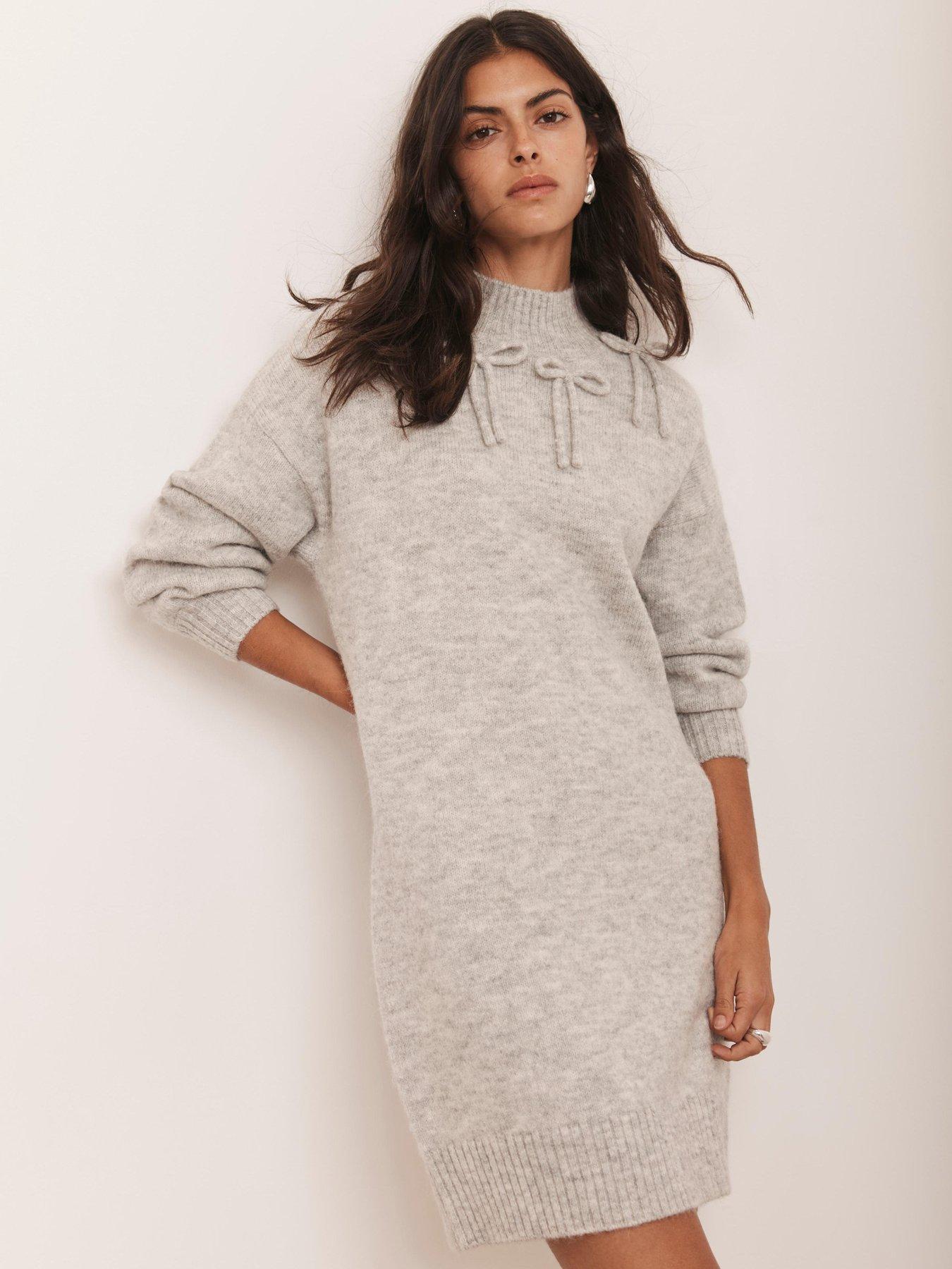  image of mint-velvet-bow-cosy-knit-dress-grey