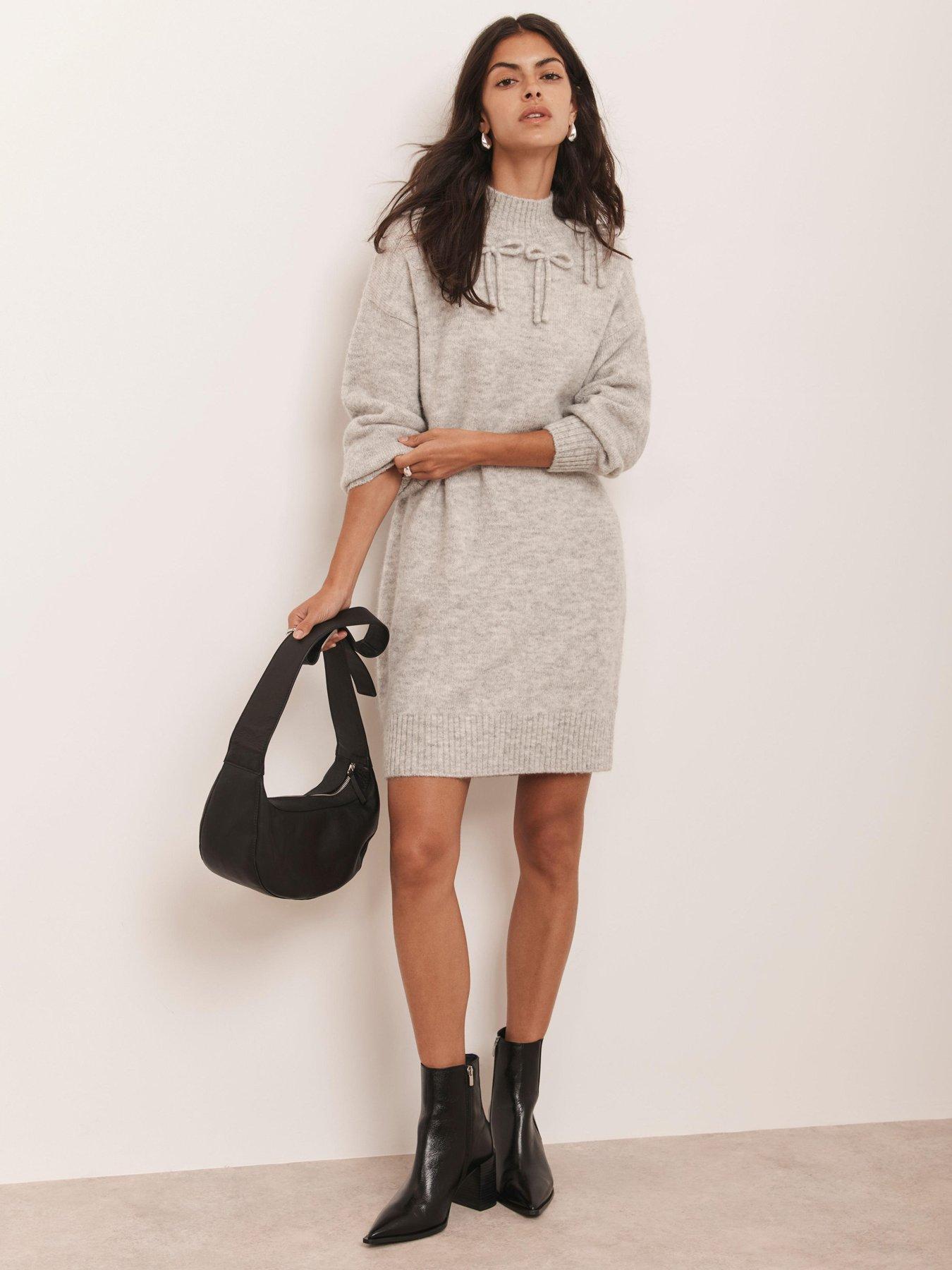 stillFront image of mint-velvet-bow-cosy-knit-dress-grey