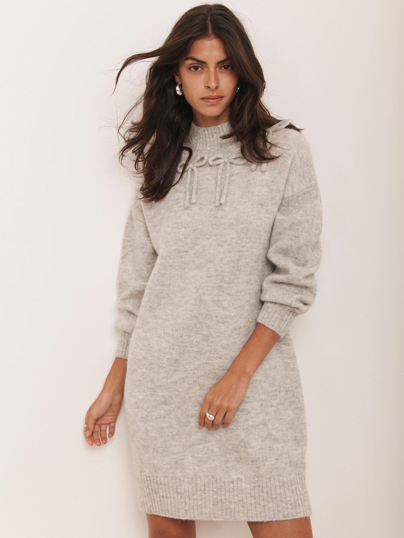  image of mint-velvet-bow-cosy-knit-dress-grey