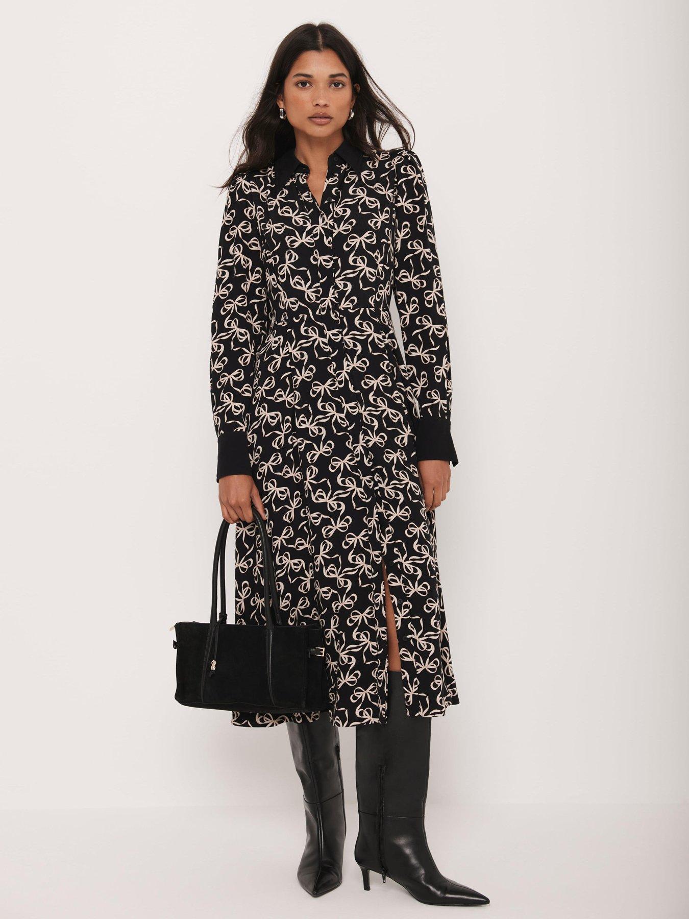 Image 1 of 6 of Mint Velvet Bow Print Shirt Dress - Black