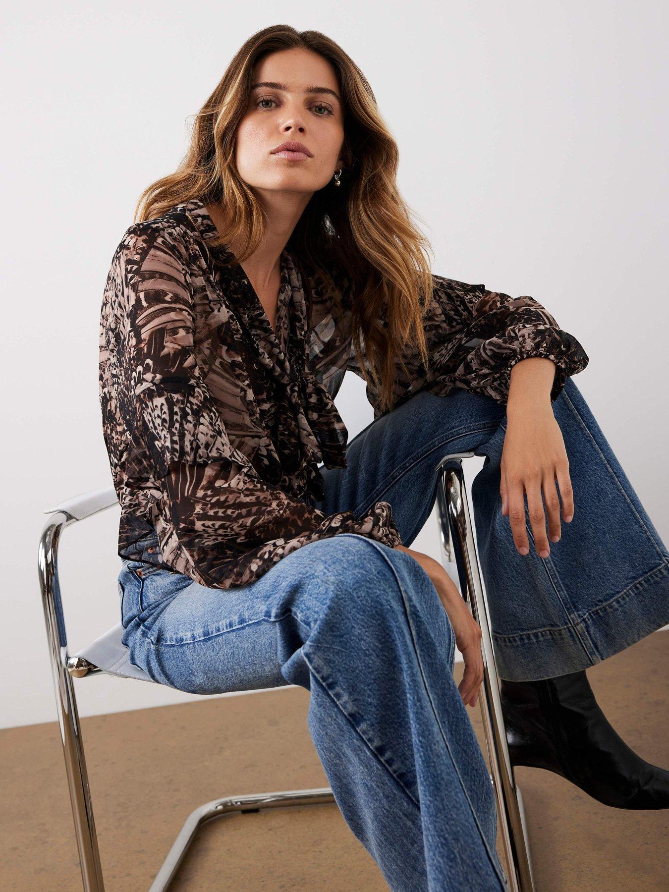 Image 1 of 6 of Mint Velvet Feather Print Tie Neck Blouse - Brown