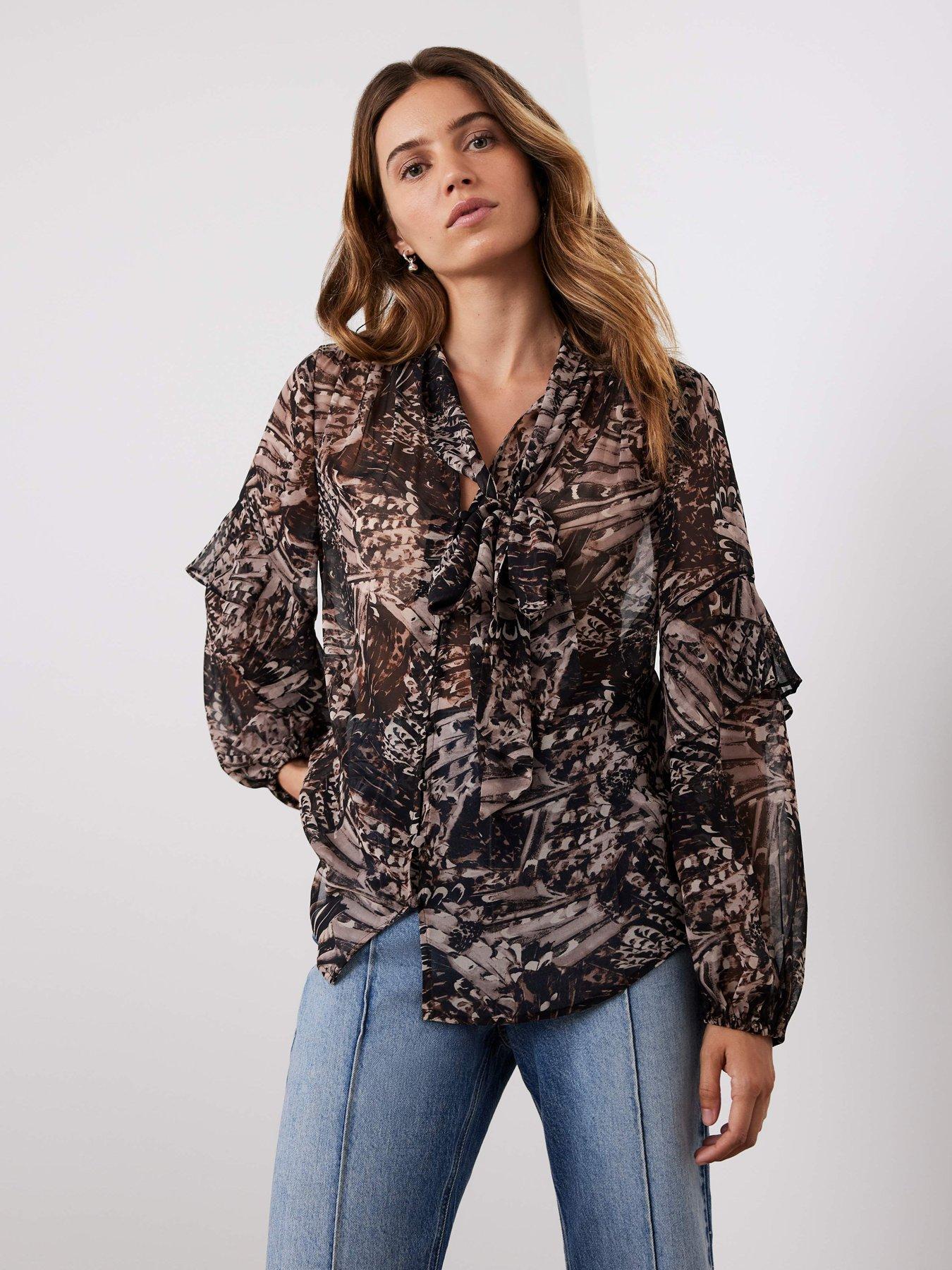 Image 2 of 6 of Mint Velvet Feather Print Tie Neck Blouse - Brown